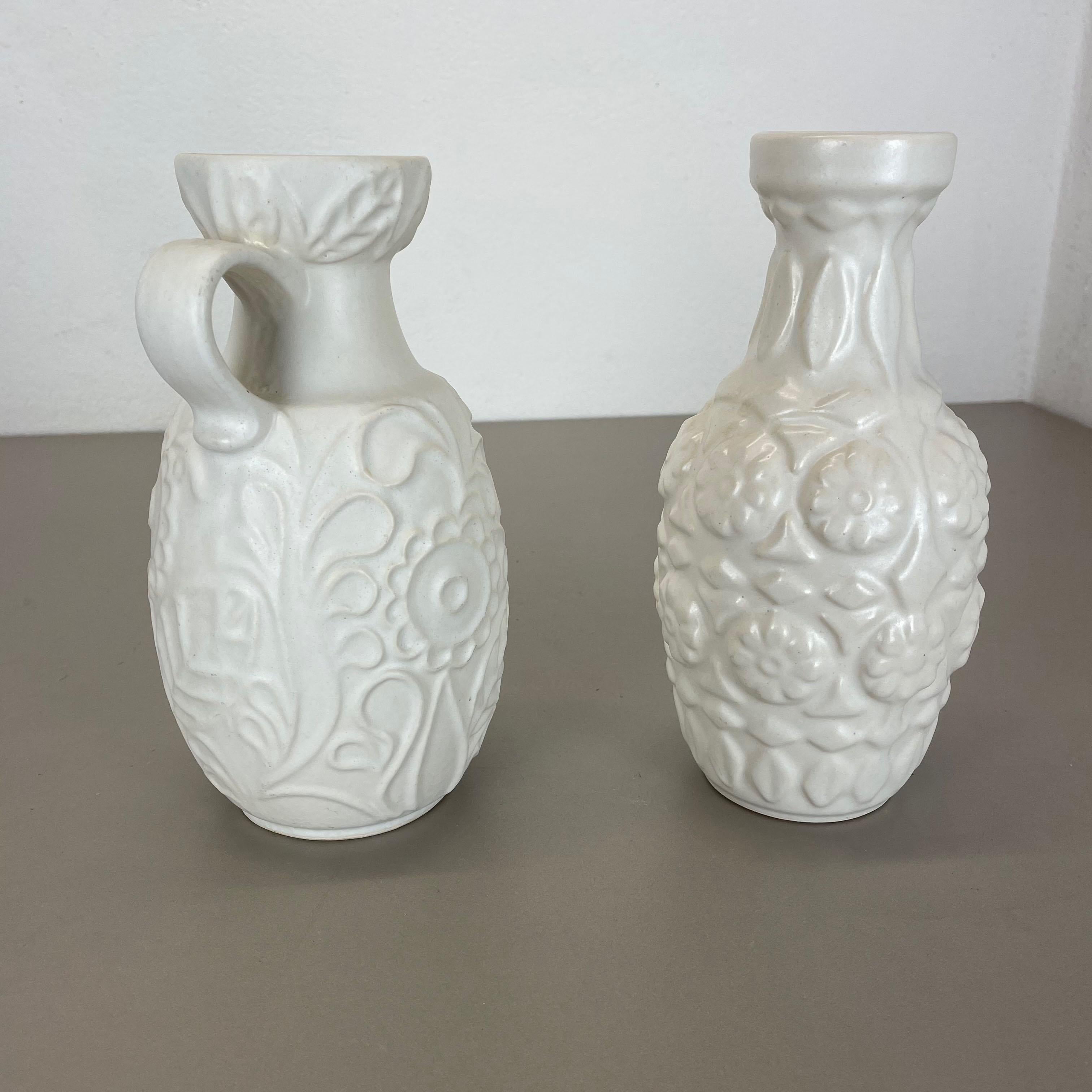 Set of 2 White Floral Fat Lava Op Art Pottery Vase Made Bay Ceramics, Germany For Sale 10