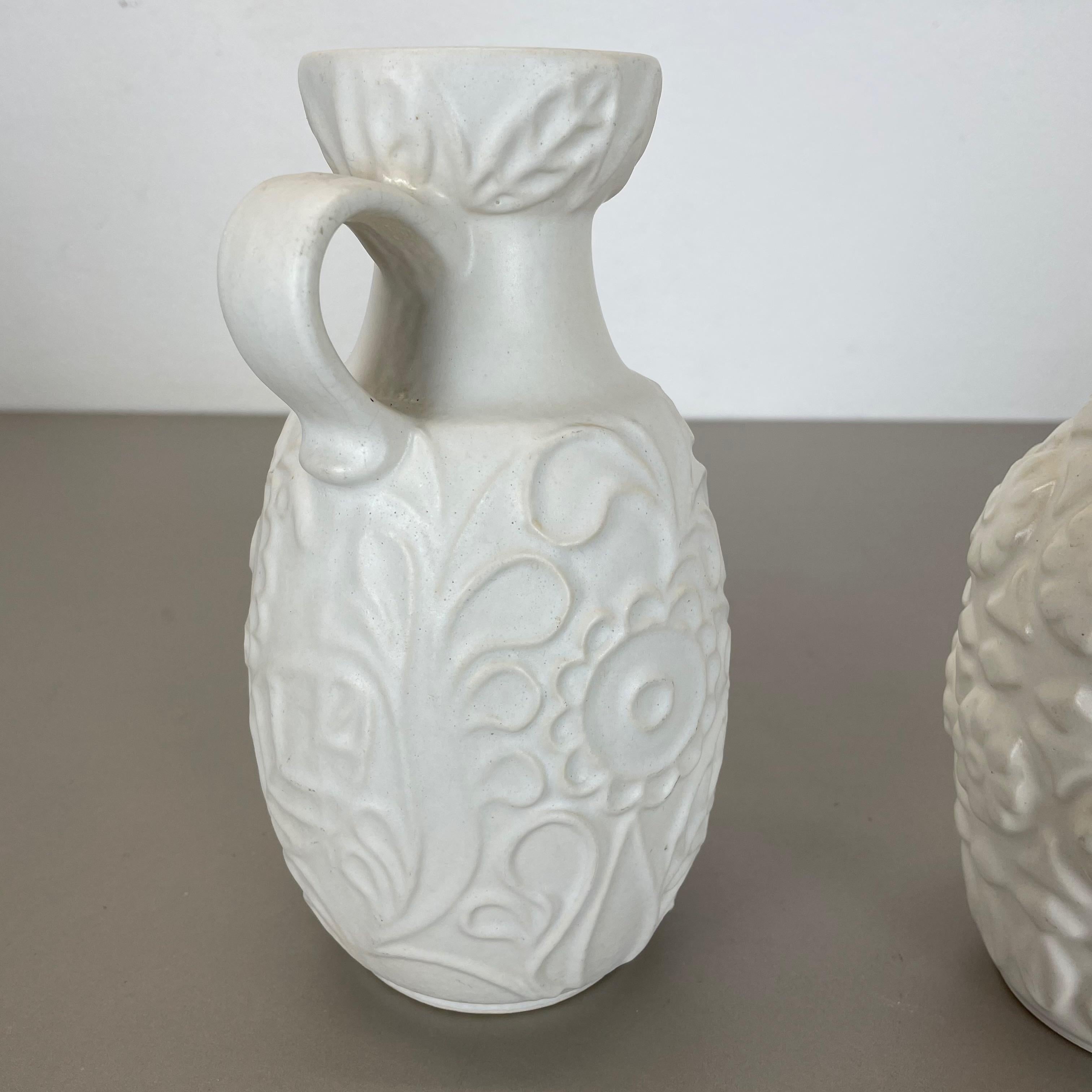 Set of 2 White Floral Fat Lava Op Art Pottery Vase Made Bay Ceramics, Germany For Sale 11