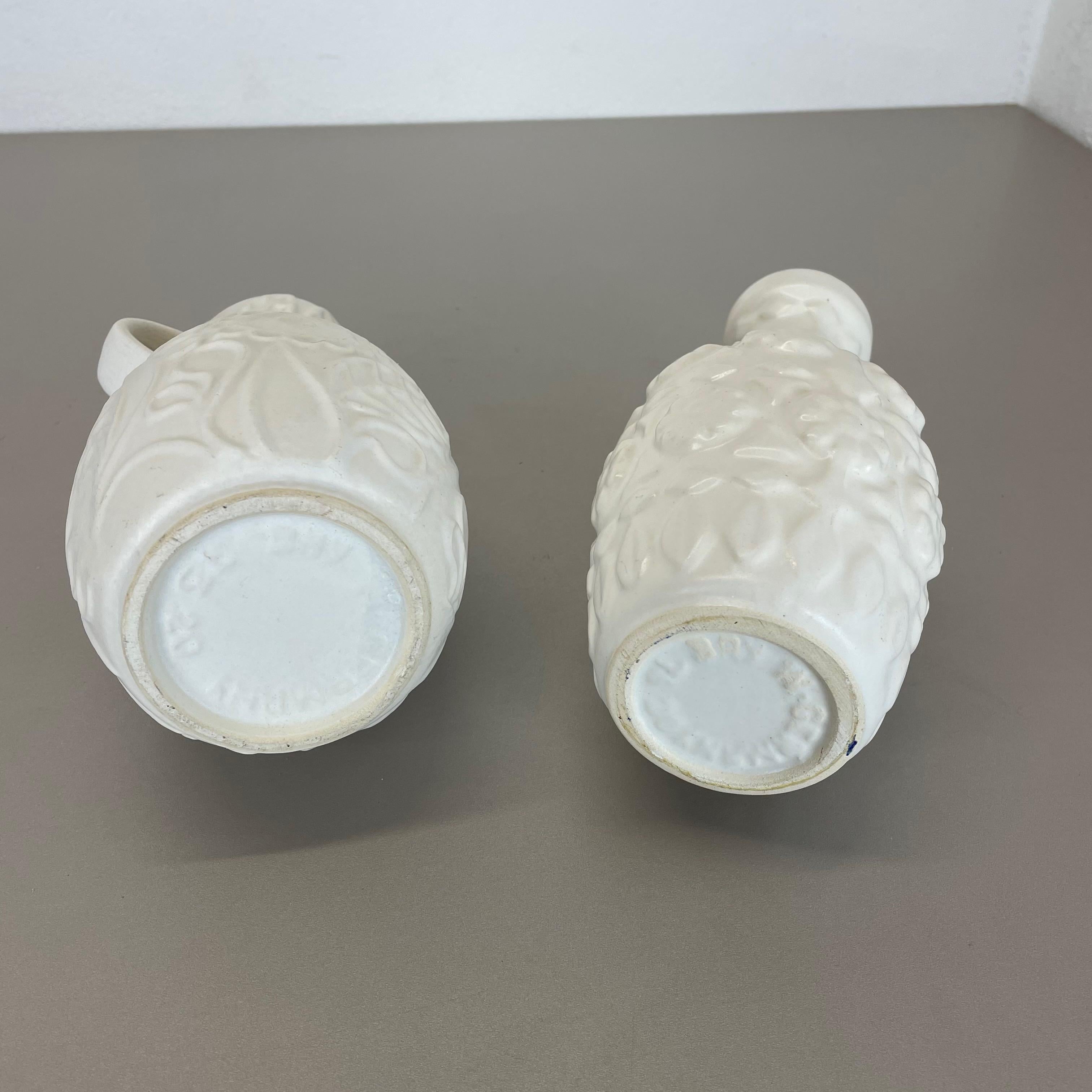 Set of 2 White Floral Fat Lava Op Art Pottery Vase Made Bay Ceramics, Germany For Sale 12