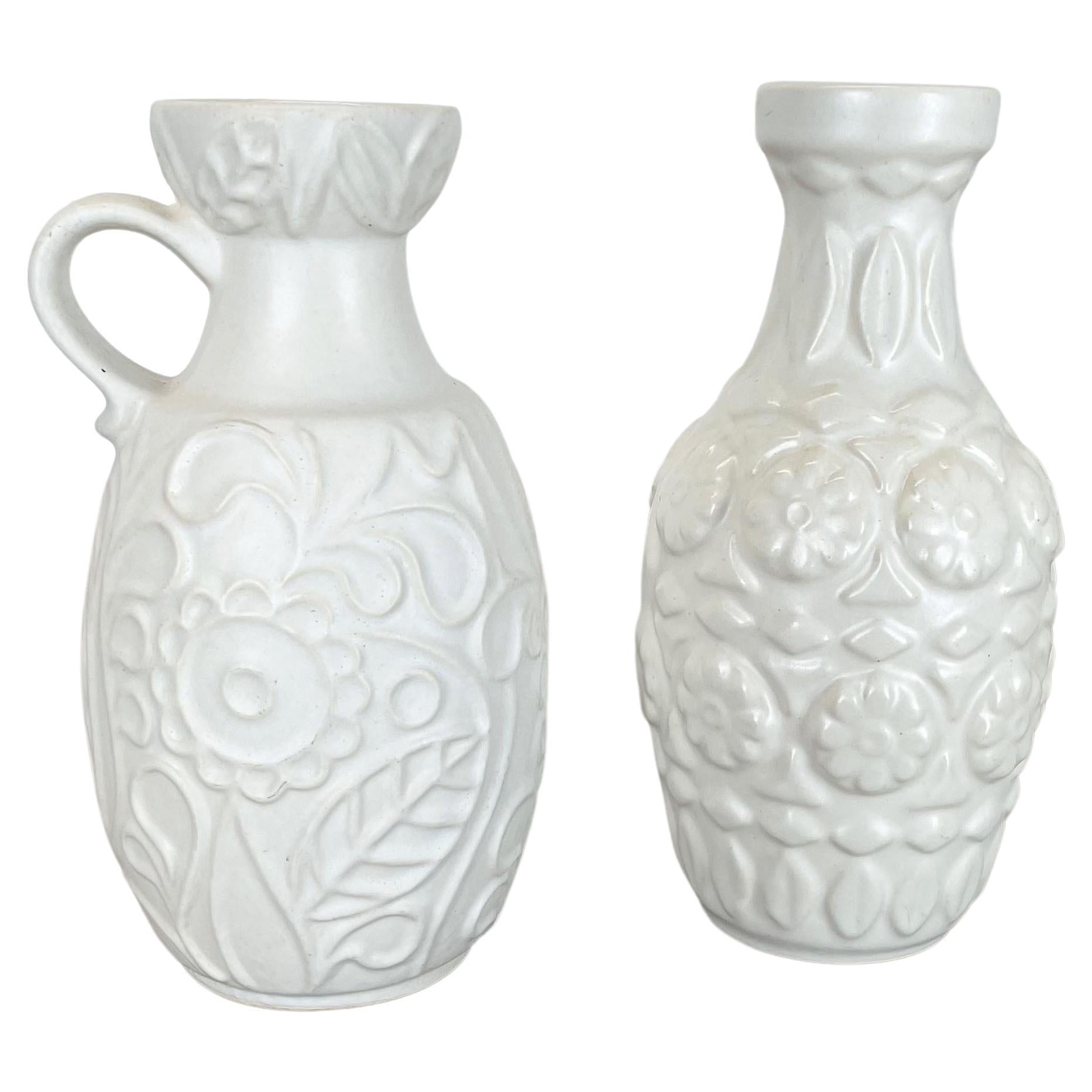 Set of 2 White Floral Fat Lava Op Art Pottery Vase Made Bay Ceramics, Germany
