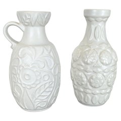 Set of 2 White Floral Fat Lava Op Art Pottery Vase Made Bay Ceramics, Germany