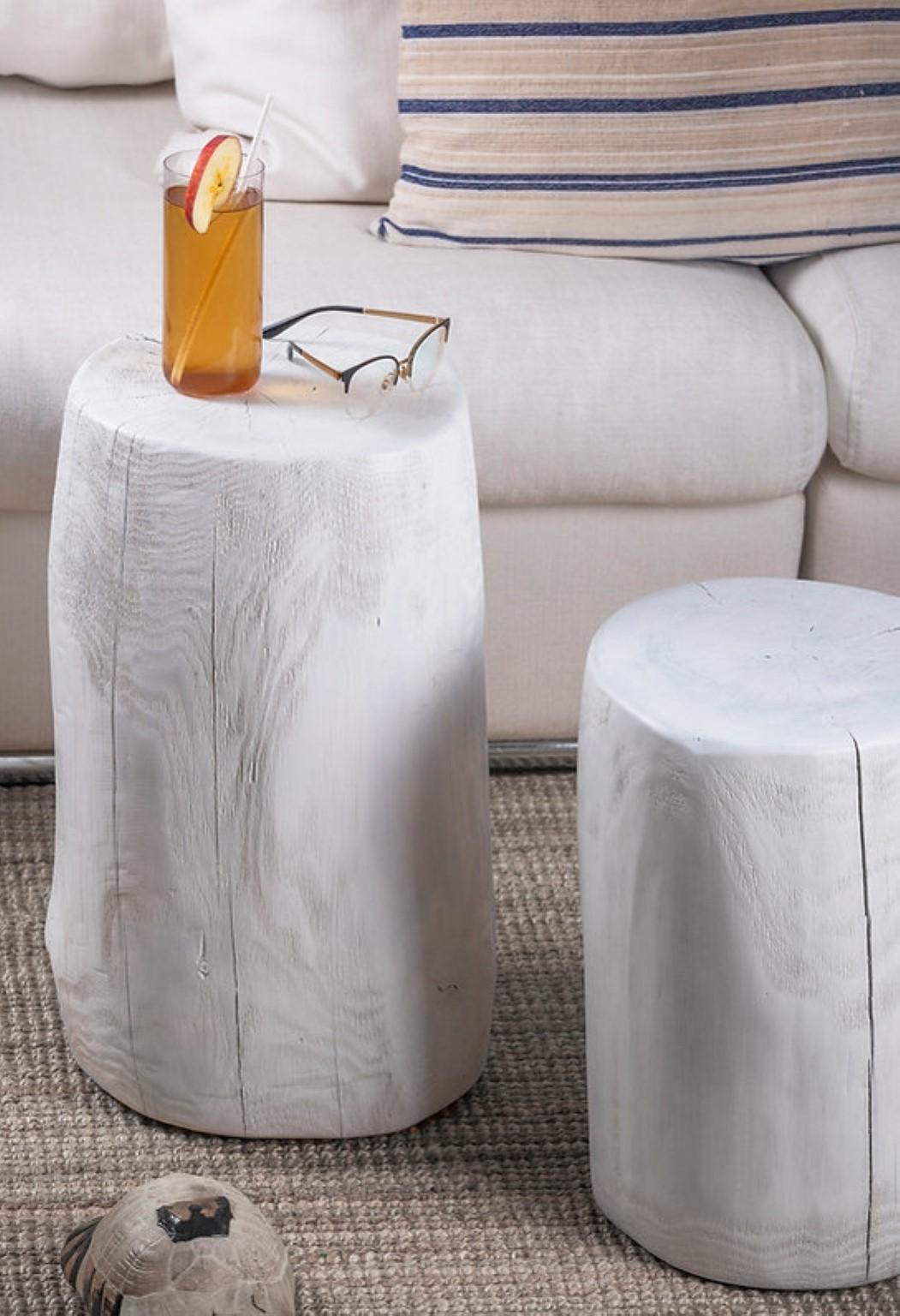 Set of 2 White Kabuk coffee table by Rectangle Studio
Dimensions: 
27 x H 49 cm 
27 x H 38 cm
Materials: Massive pinewood and natural wood oil

Kabuk is an alternative product with sculptural appearance which can be used as a coffee table and