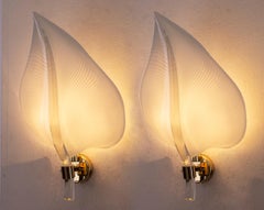 Set of 2 White Murano glass leaves wall lamps, handmade artistic appliques