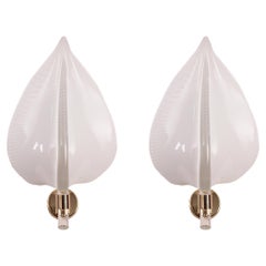 Set of 2 White Murano glass leaves wall lamps, handmade artistic appliques
