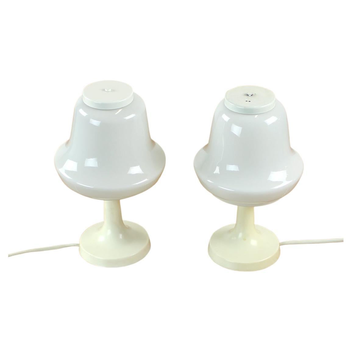 Set of 2 White Opaline Glass Table Lamps, Opp Jihlava, Czechoslovakia, 1960s For Sale