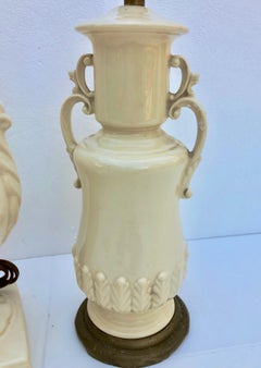 Set of 2 White Porcelain Table Lamps with Floral and Scroll Design and Handles