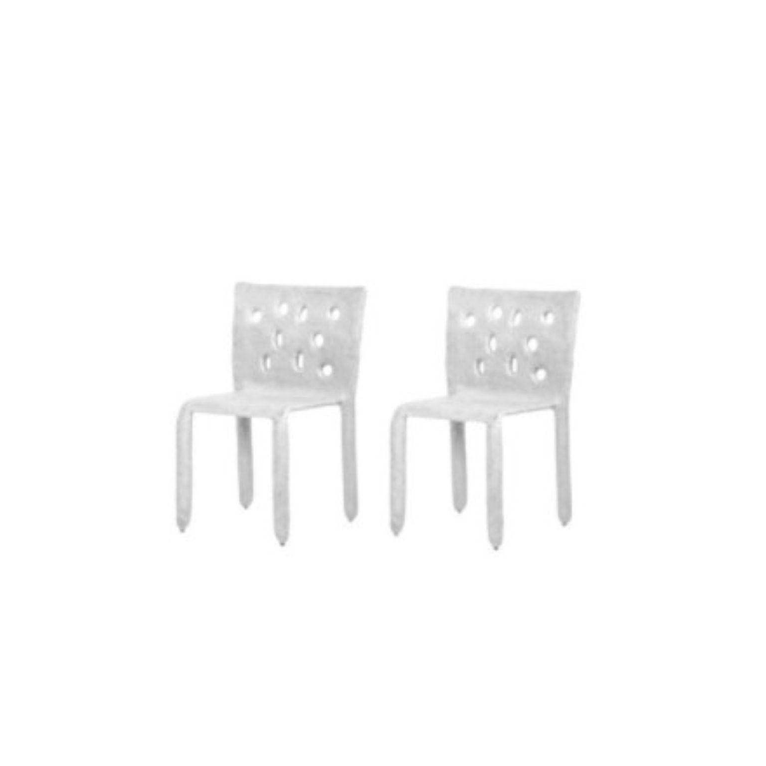 Set of 2 white sculpted contemporary chairs by Faina
Design: Victoriya Yakusha
Material: Steel, flax rubber, biopolymer, cellulose
Dimensions: Height 82 x width 54 x legs depth 45 cm
 Weight: 15 kilos.

Made in the style of ethnic minimalism,