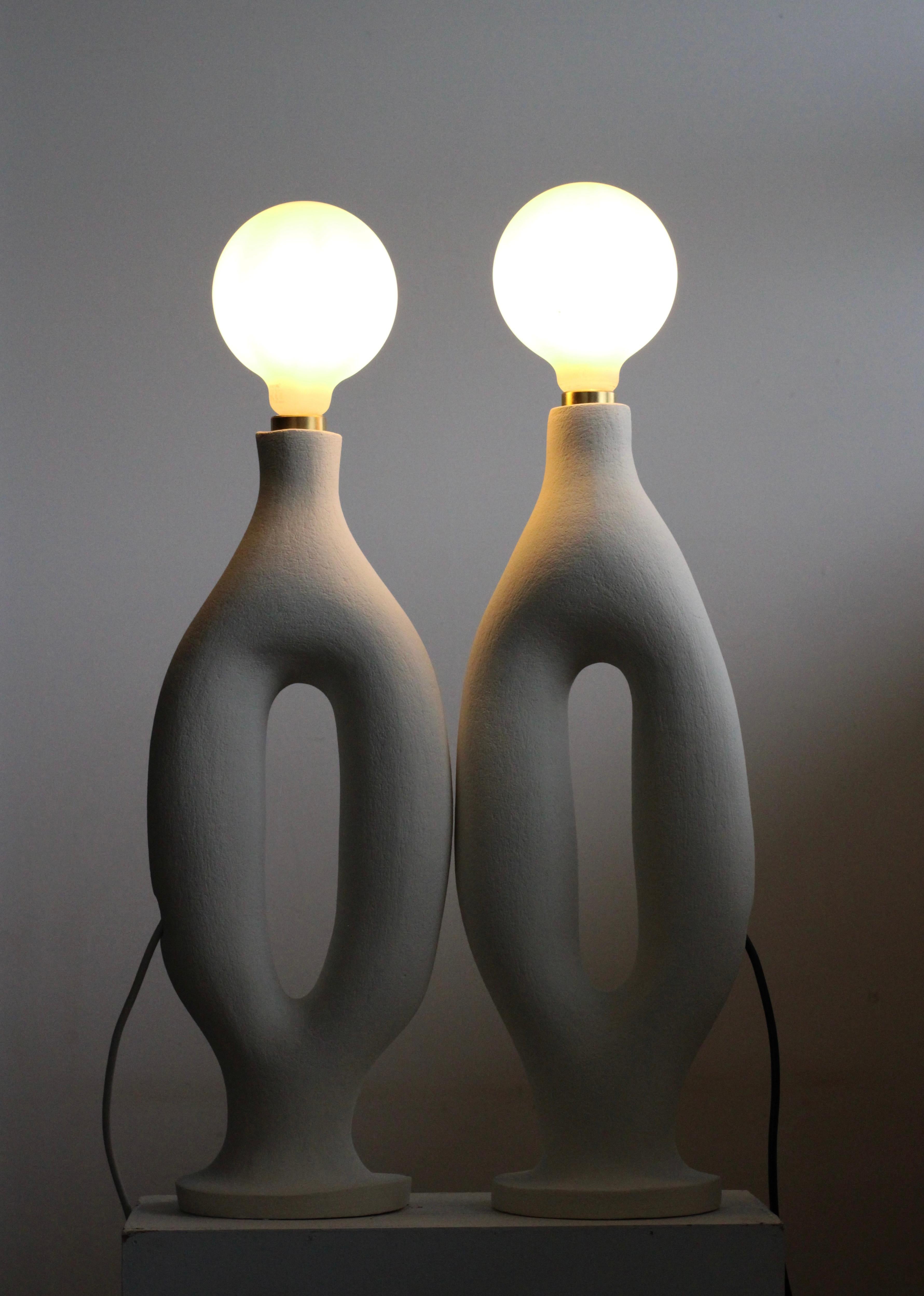 American Set of 2 White Stoneware Exo Table Lamps by Abid Javed For Sale