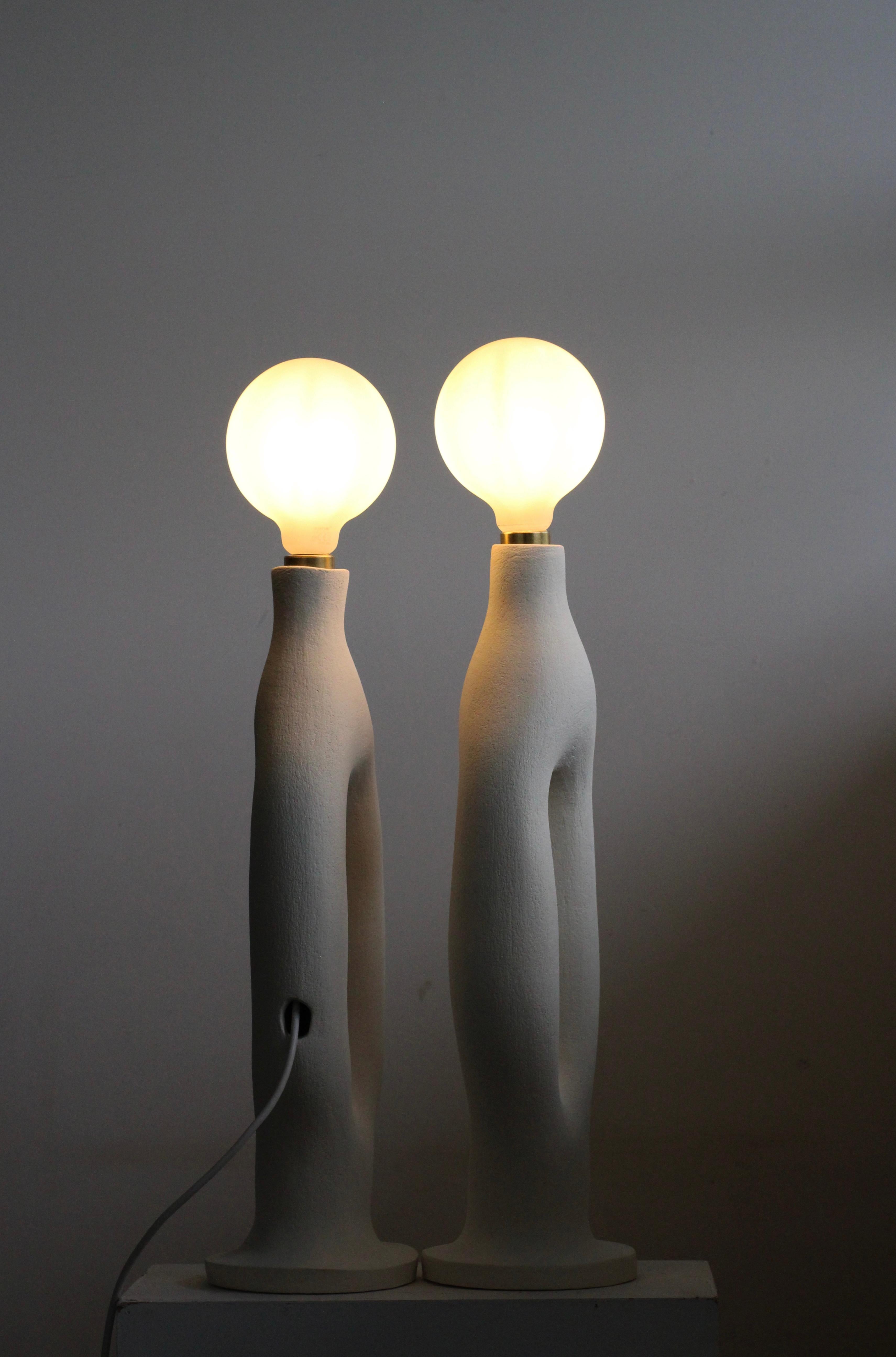 Other Set of 2 White Stoneware Exo Table Lamps by Abid Javed For Sale