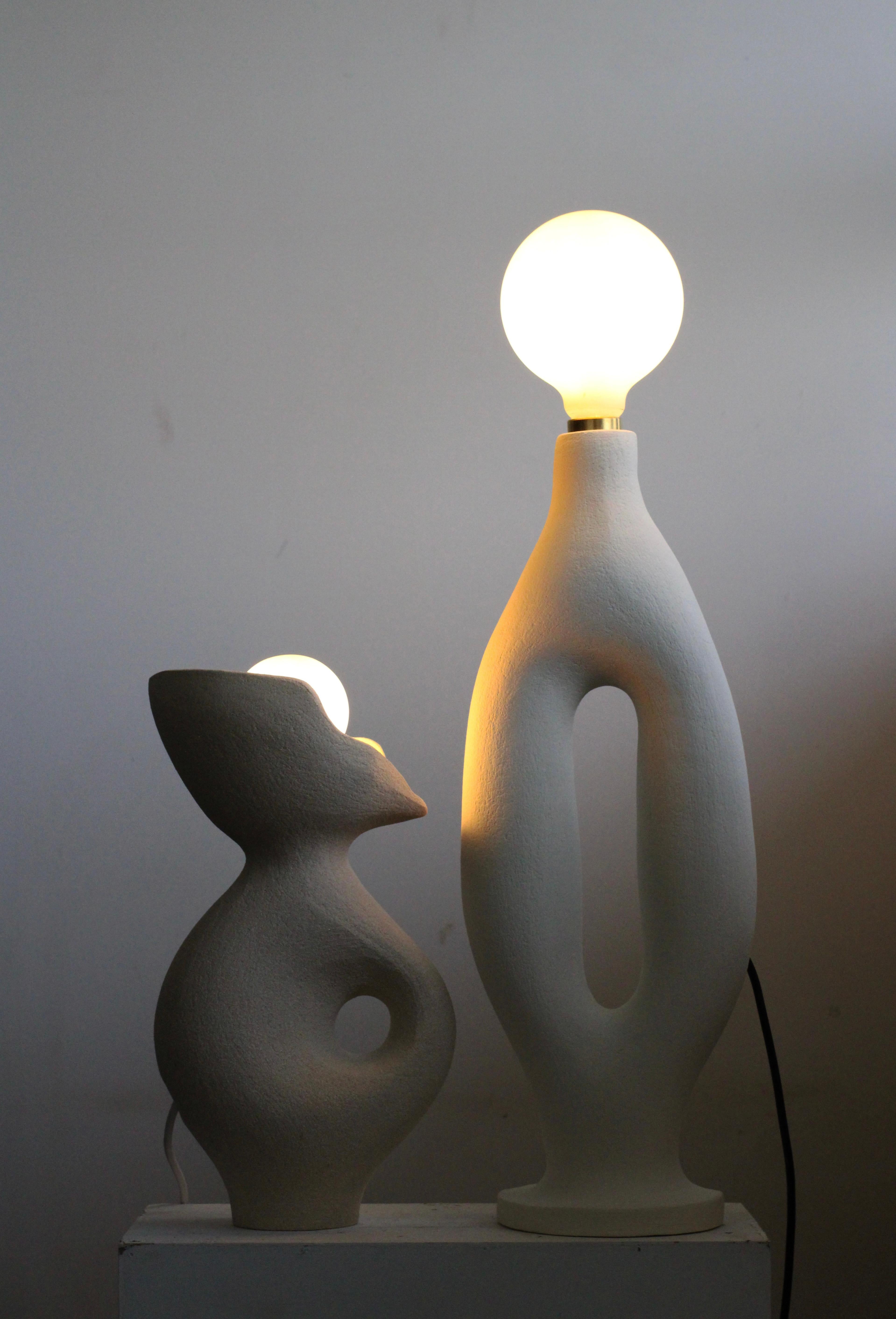 Contemporary Set of 2 White Stoneware Exo Table Lamps by Abid Javed For Sale