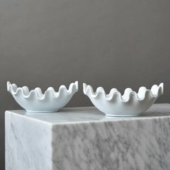 Set of 2 White 'Vaga' Bowls by Wilhelm Kage for Gustavsberg, Sweden, 1940s.