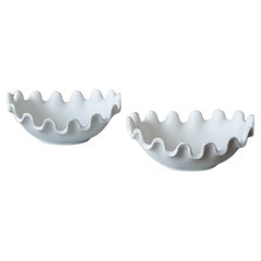 Set of 2 White 'Vaga' Bowls by Wilhelm Kage for Gustavsberg, Sweden, 1940s.