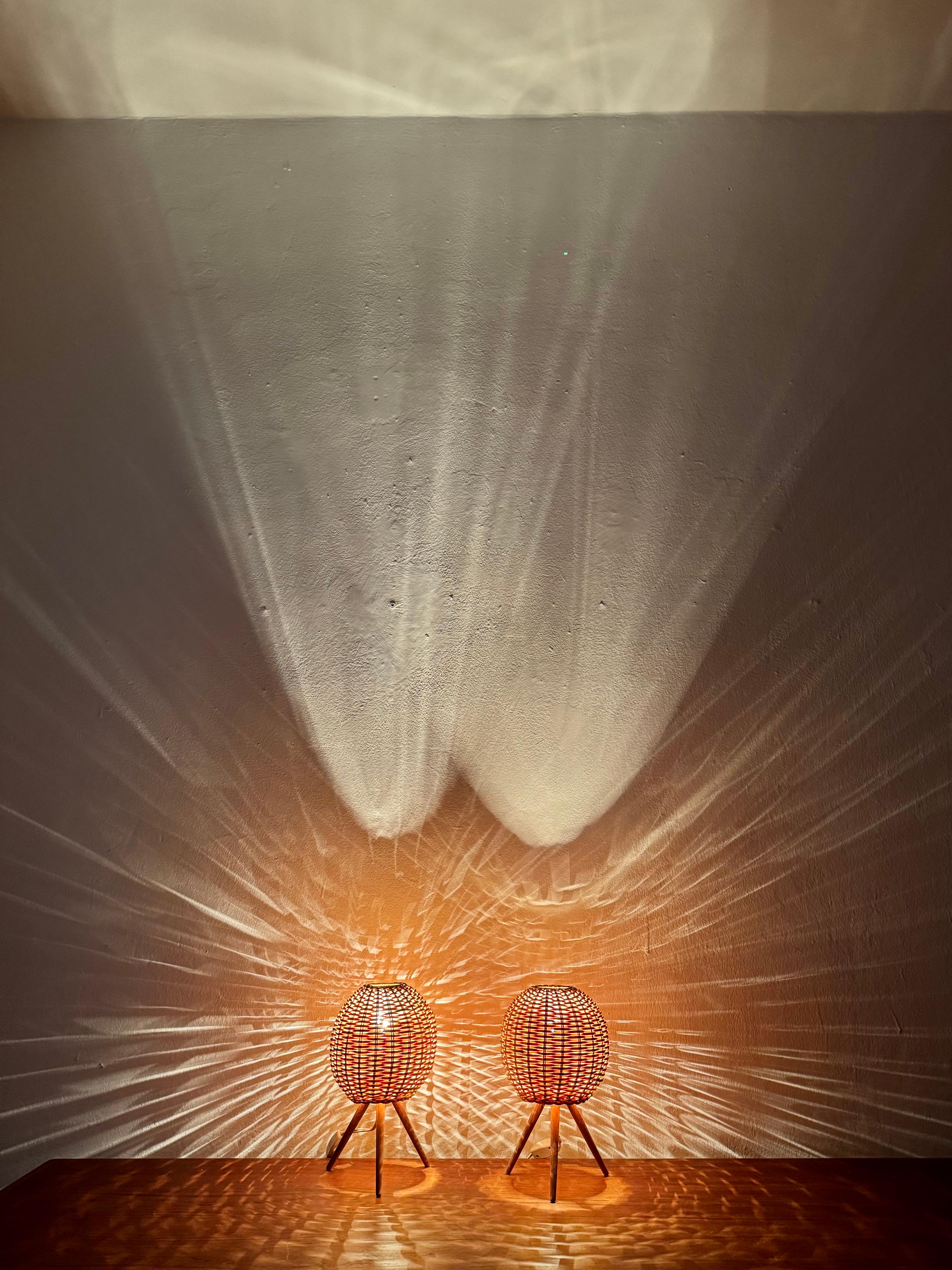 Set of 2 Wicker Tripod Table Lamps by Temde 6