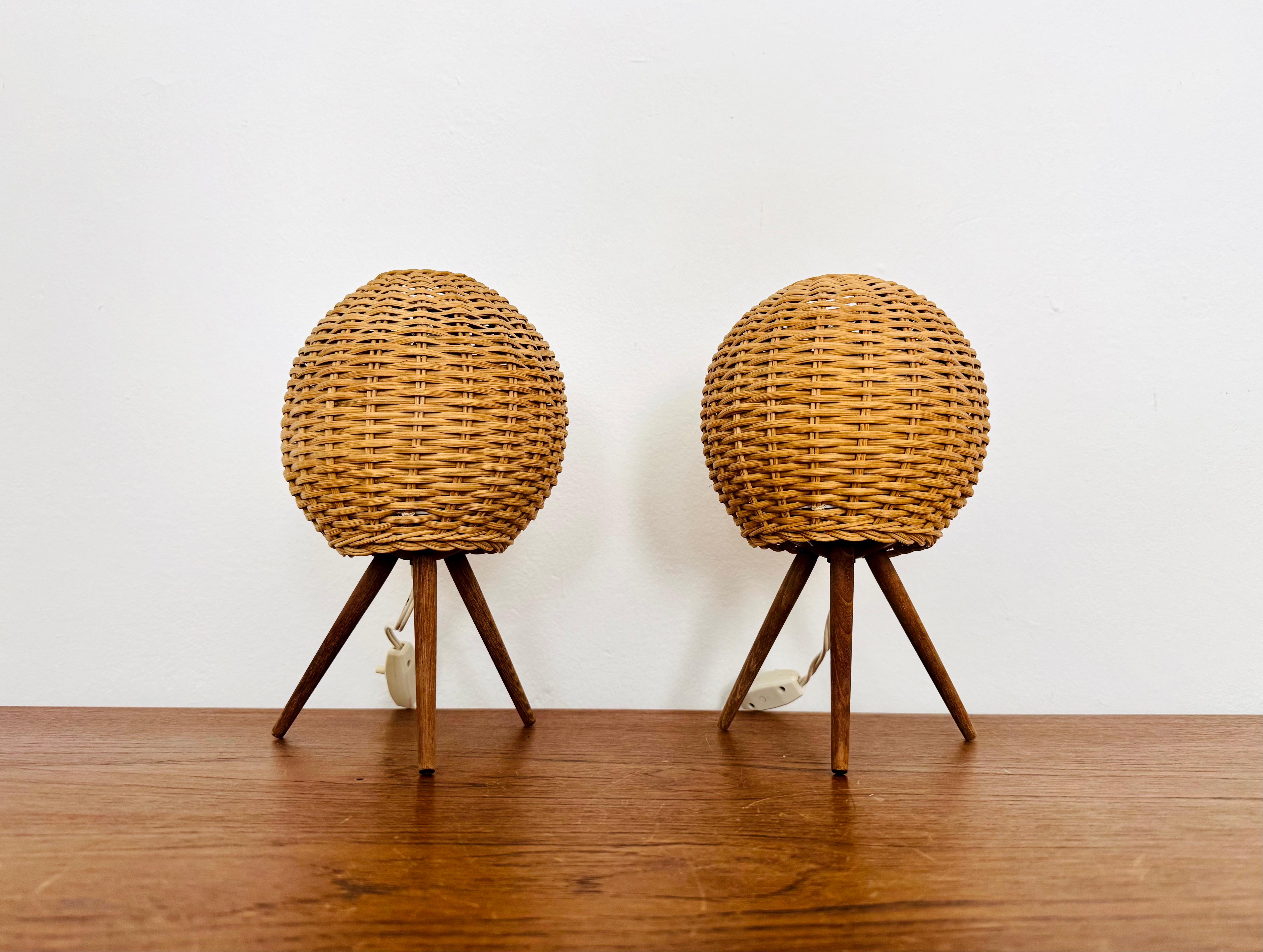 Scandinavian Modern Set of 2 Wicker Tripod Table Lamps by Temde