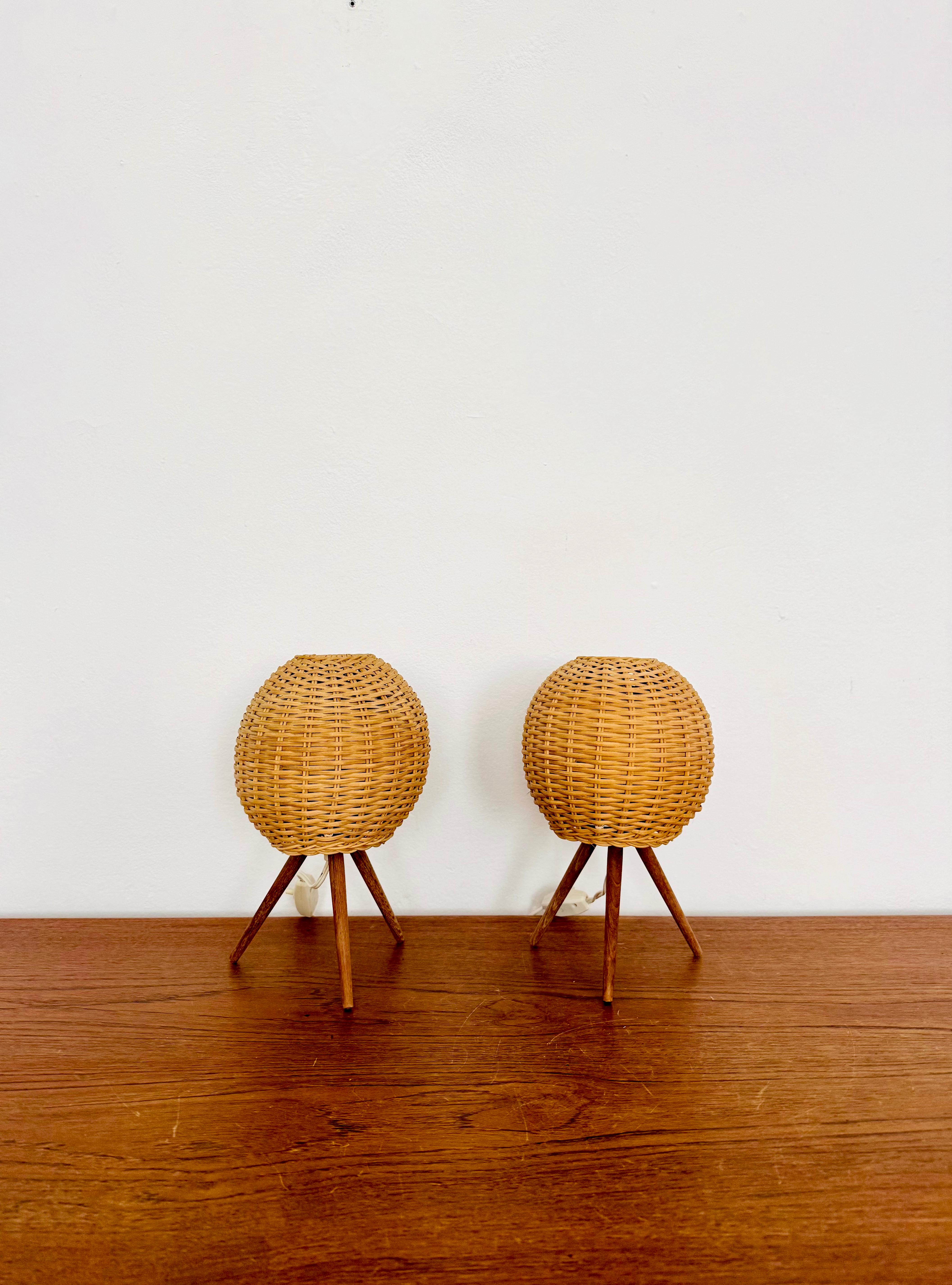 German Set of 2 Wicker Tripod Table Lamps by Temde