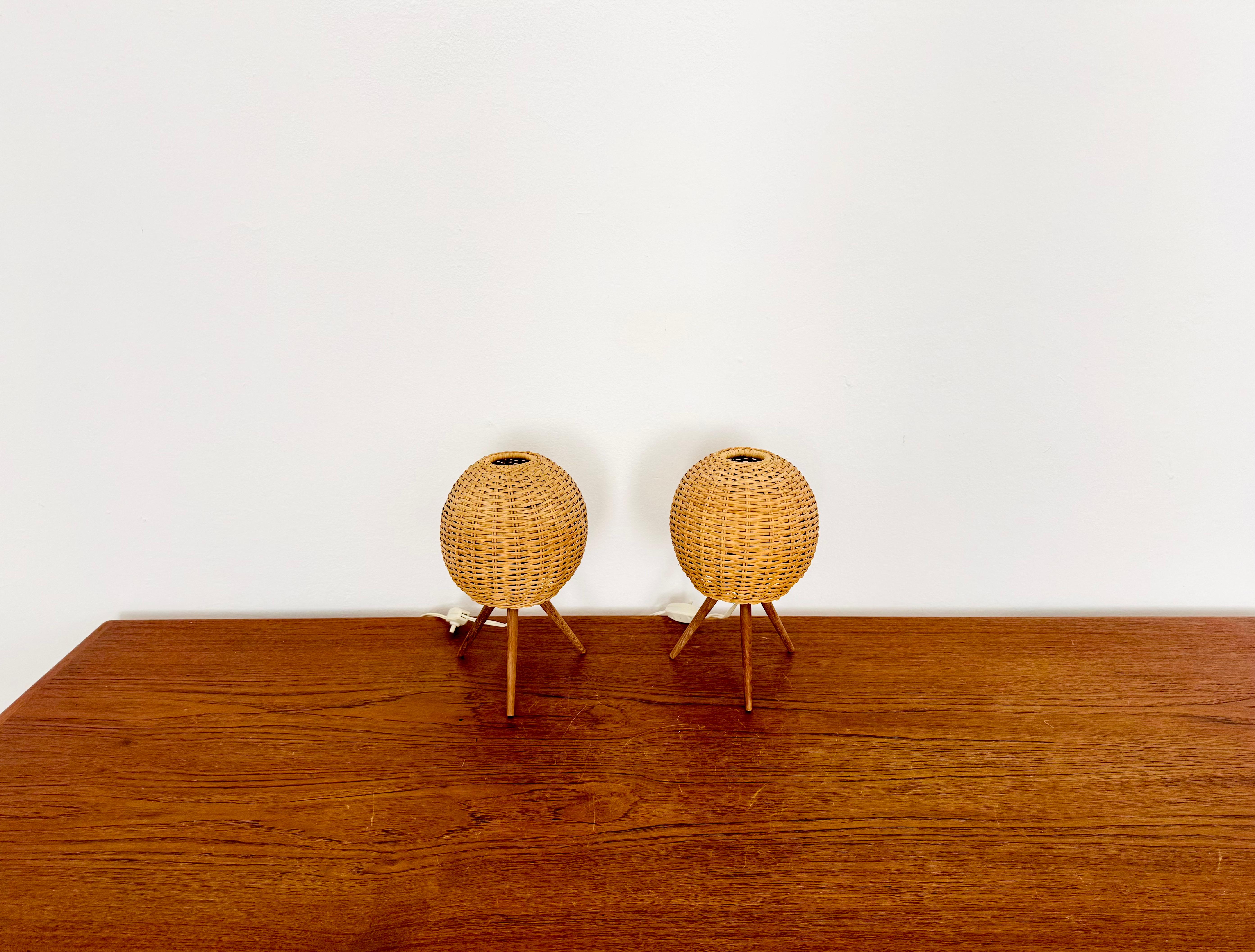 Mid-20th Century Set of 2 Wicker Tripod Table Lamps by Temde
