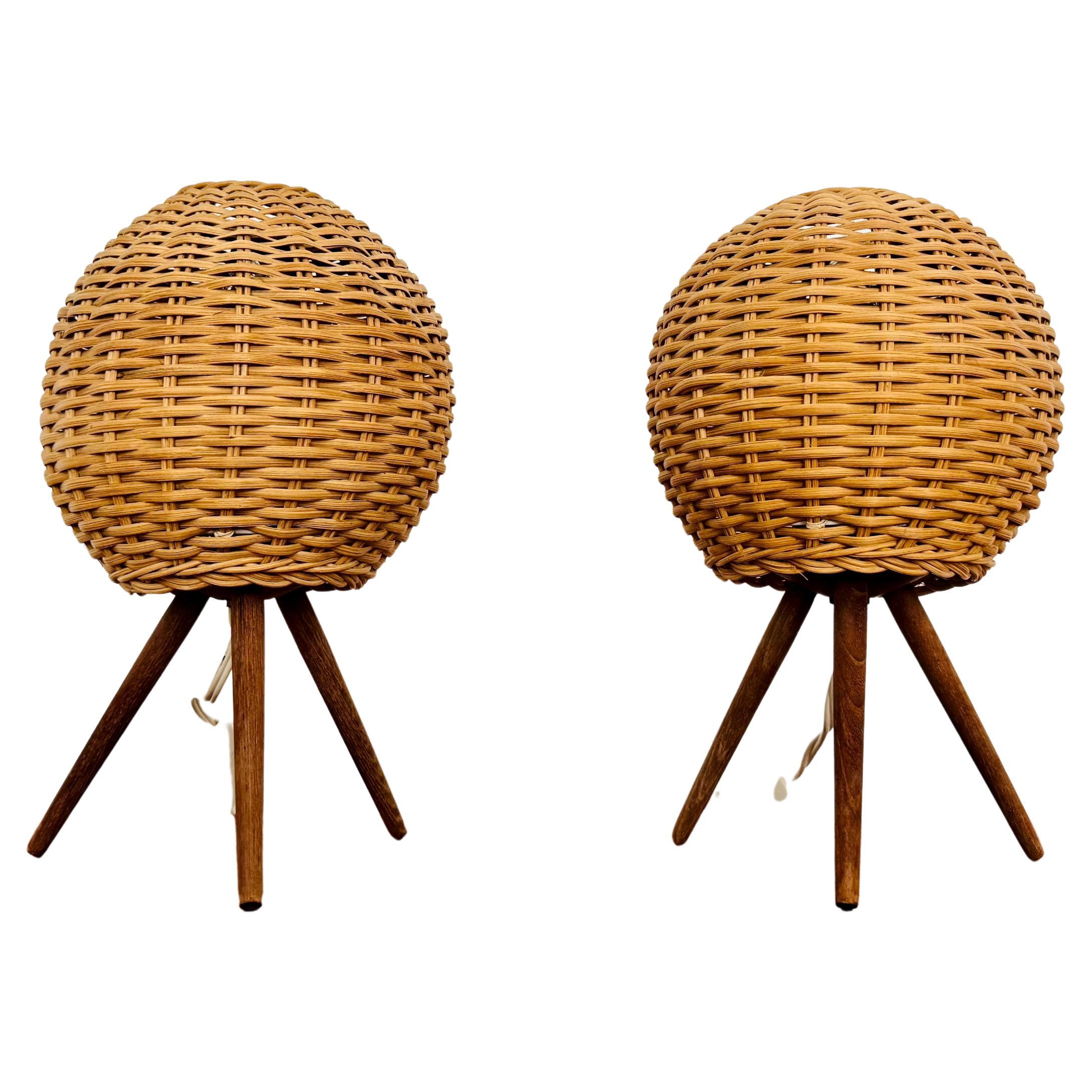 Set of 2 Wicker Tripod Table Lamps by Temde