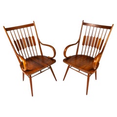 Retro Set of 2 Windsor Chairs in Solid Walnut by Kipp Stewart for Drexel, USA, c. 1960