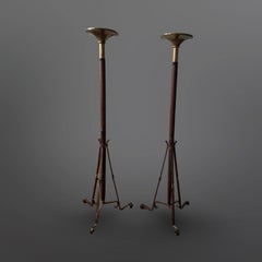 Set of 2 wood and brass torcheres, Netherlands 1950s