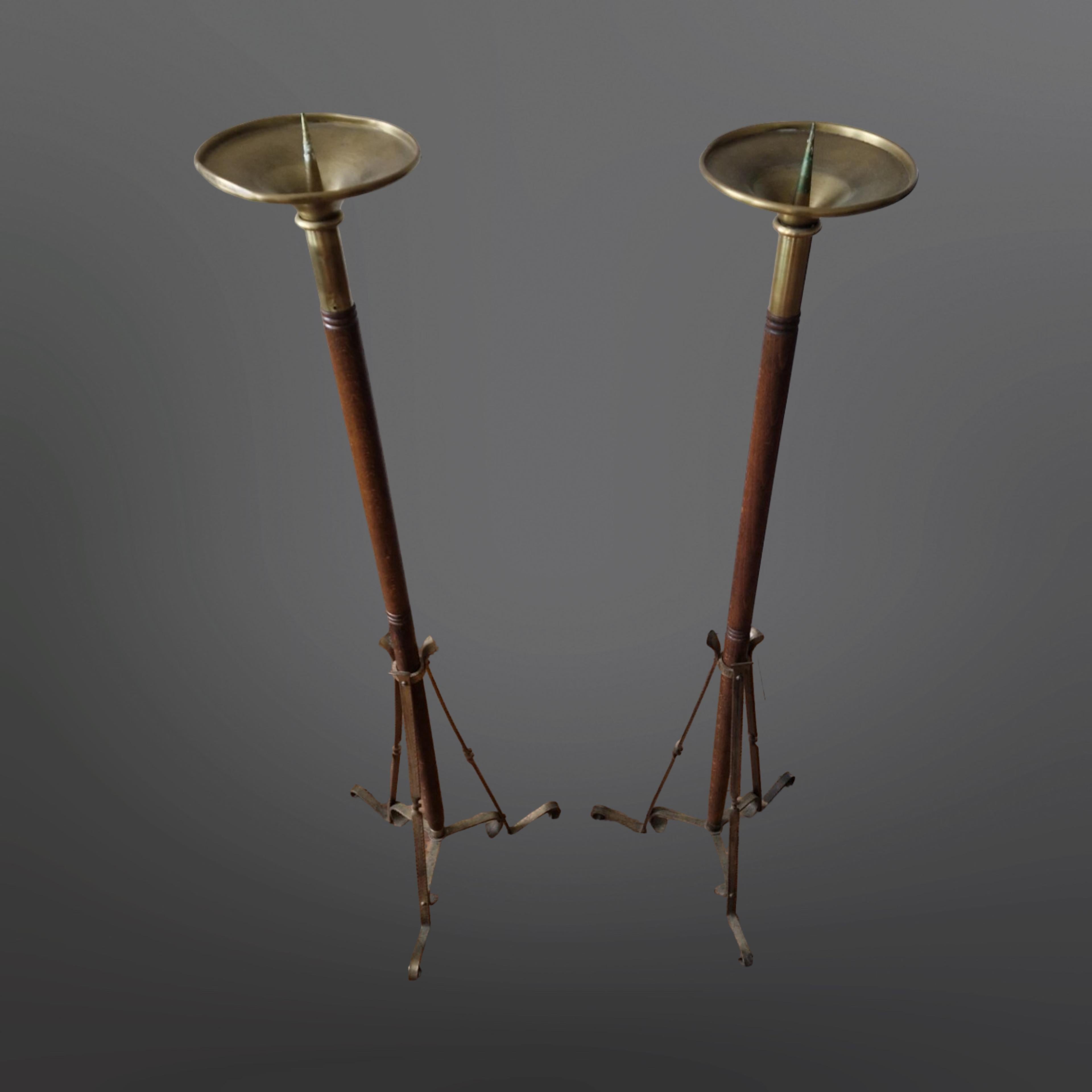 Medieval Set of 2 wood and brass torcheres, Netherlands 1950s For Sale