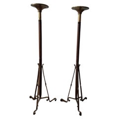 Ensemble de 2 torches en bois et laiton, Pays-Bas années 1950