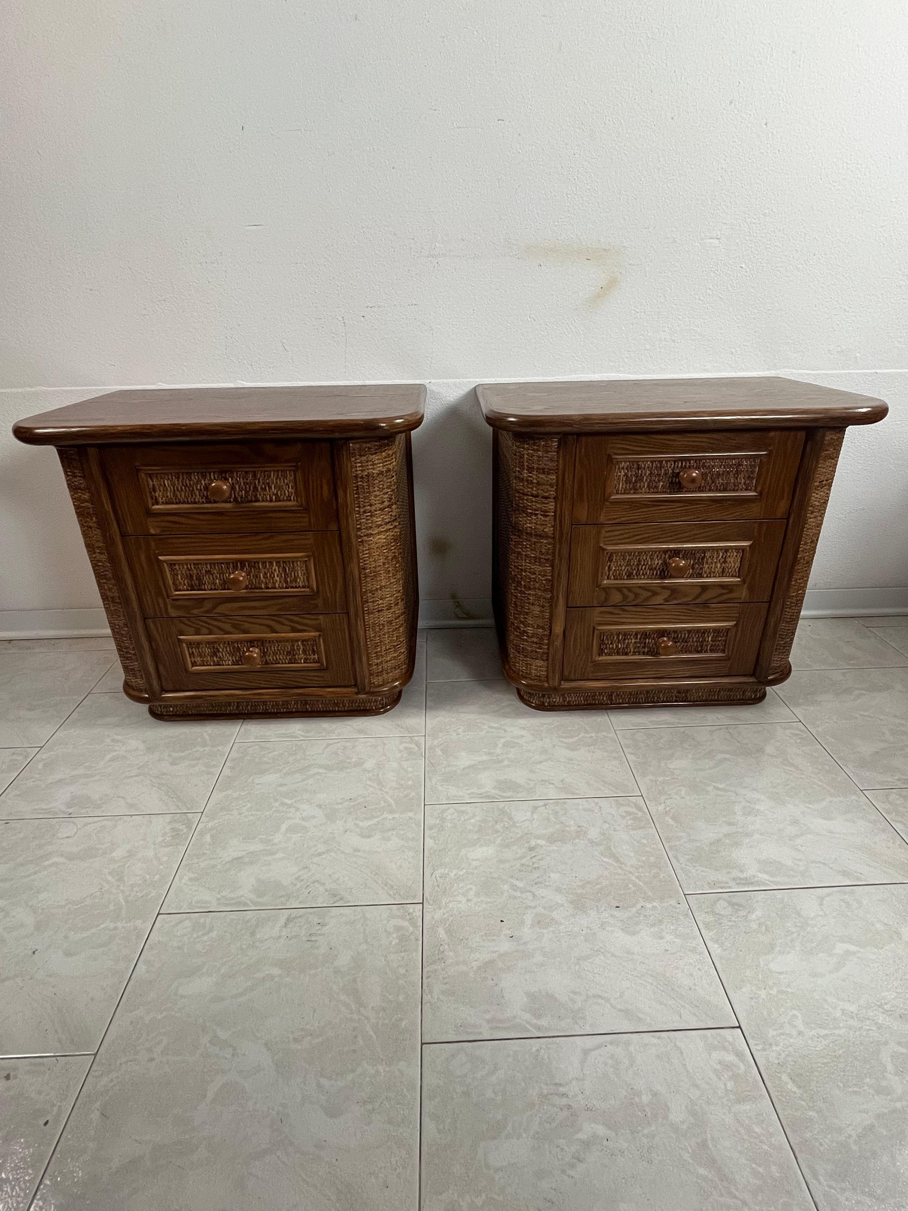 Set di 2 comodini in Wood e Rattan, Made in Italy anni '70 in vendita 3
