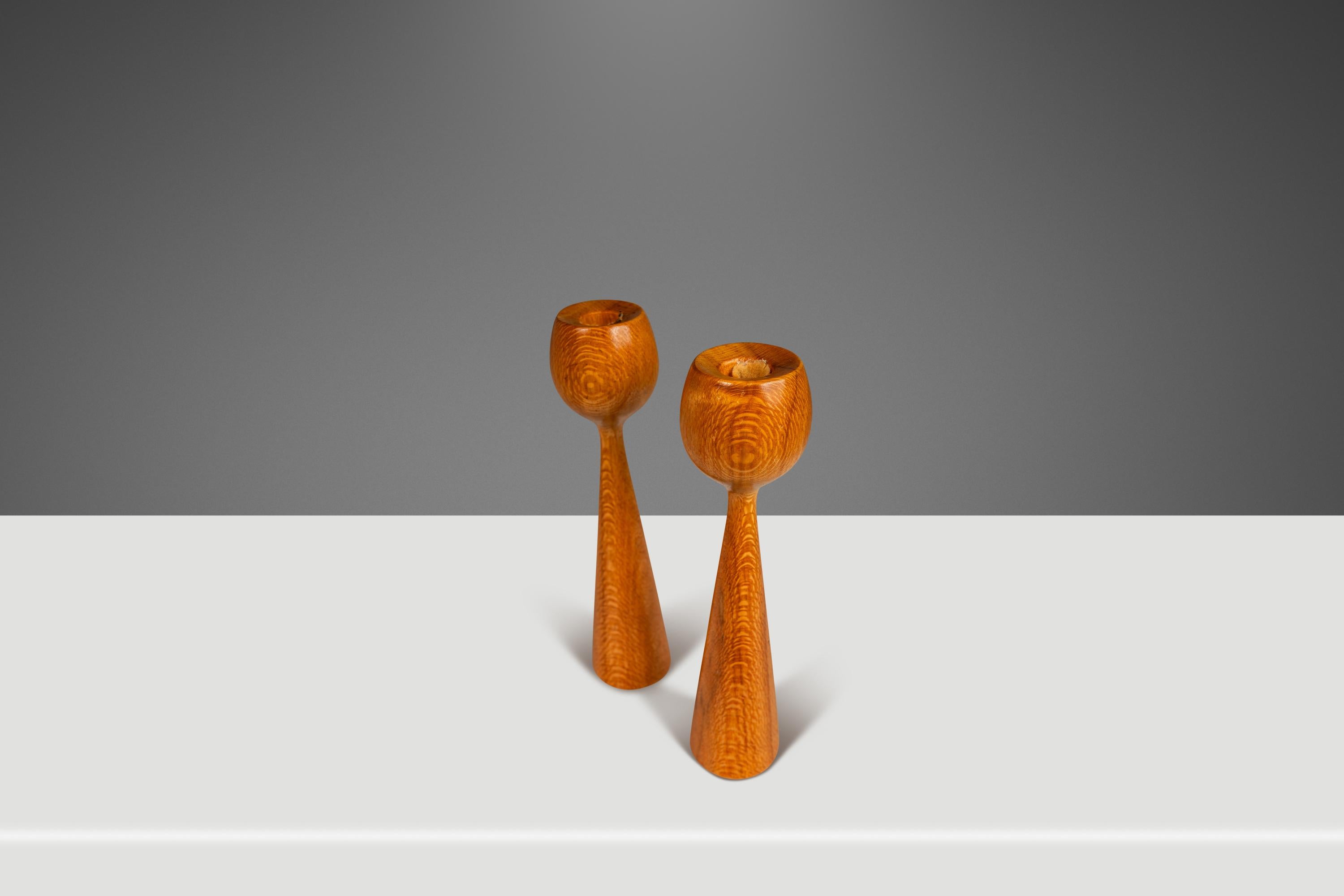 Set of 2 Wood-Turned Flared Tulip Candlestick Holders in Ash, Denmark, c. 1960's For Sale 6
