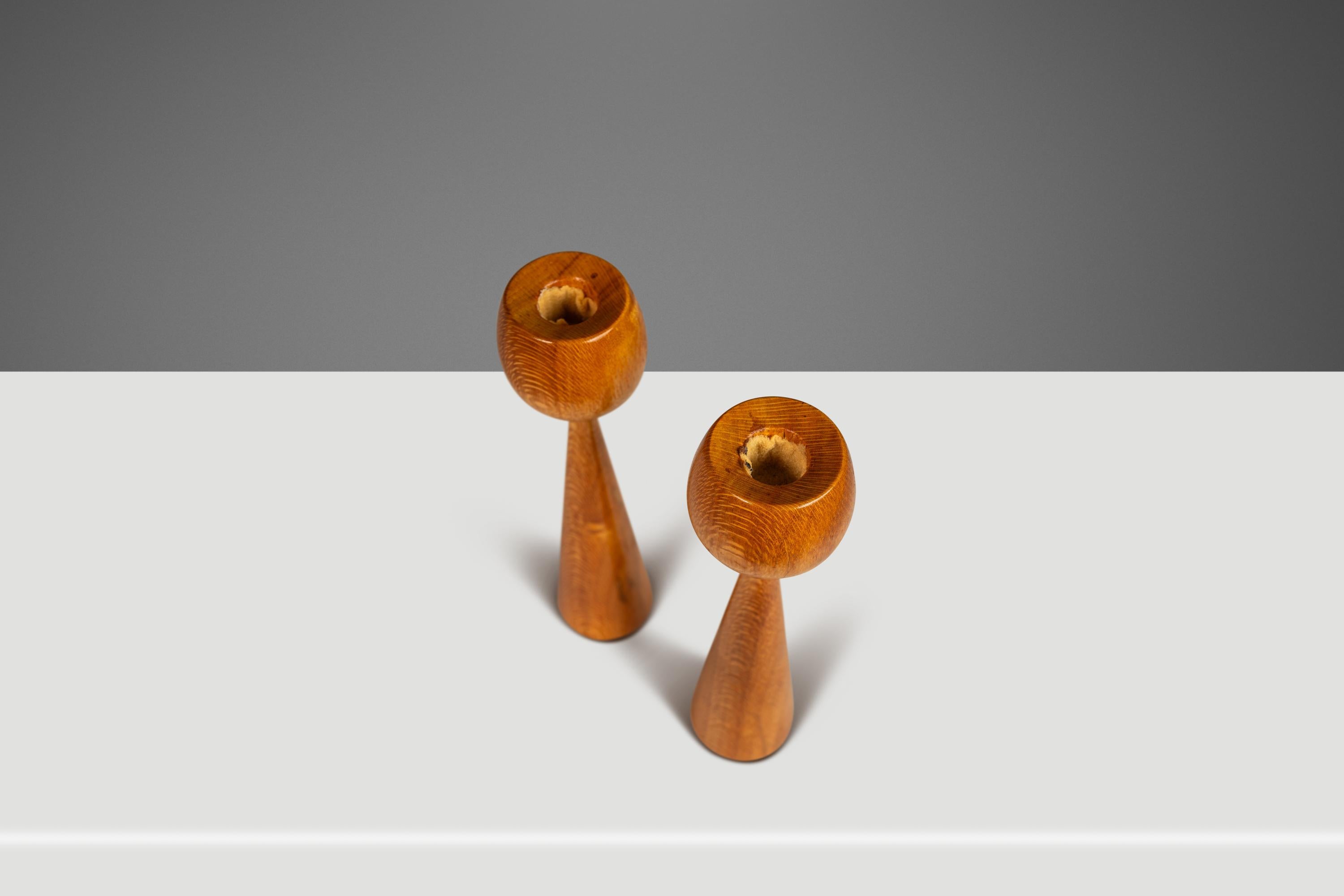 Mid-Century Modern Set of 2 Wood-Turned Flared Tulip Candlestick Holders in Ash, Denmark, c. 1960's For Sale