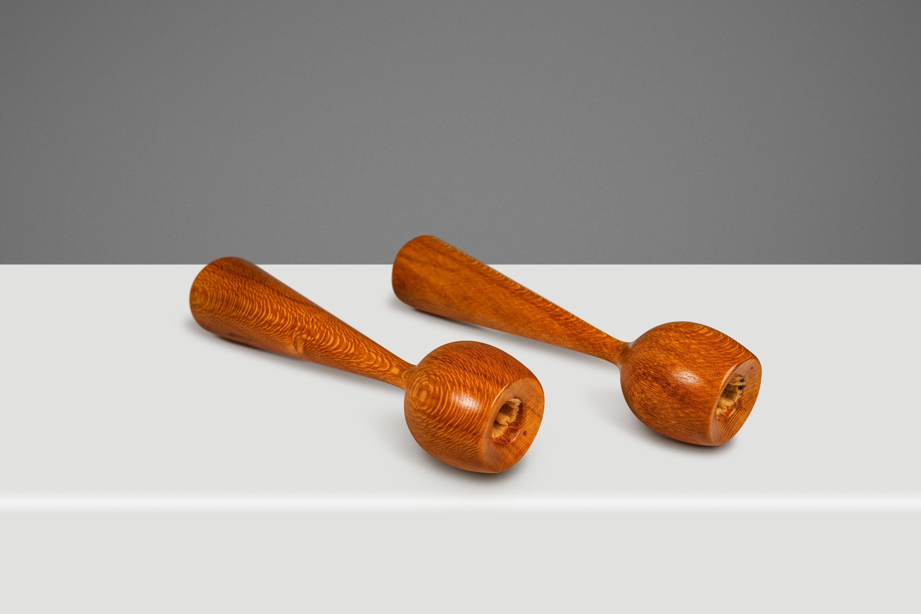 Set of 2 Wood-Turned Flared Tulip Candlestick Holders in Ash, Denmark, c. 1960's In Good Condition For Sale In Deland, FL