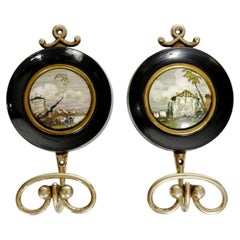 Set of 2 Wooden and Brass Coat Hooks, Hand-Painted, France, 19th Century