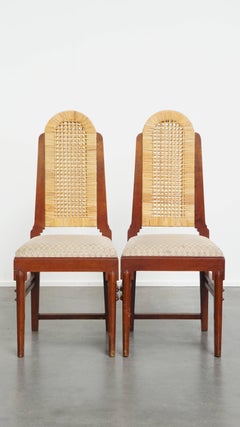Set of 2 Wooden Art Deco Dining Chairs with Woven Cane Seat and Backrest
