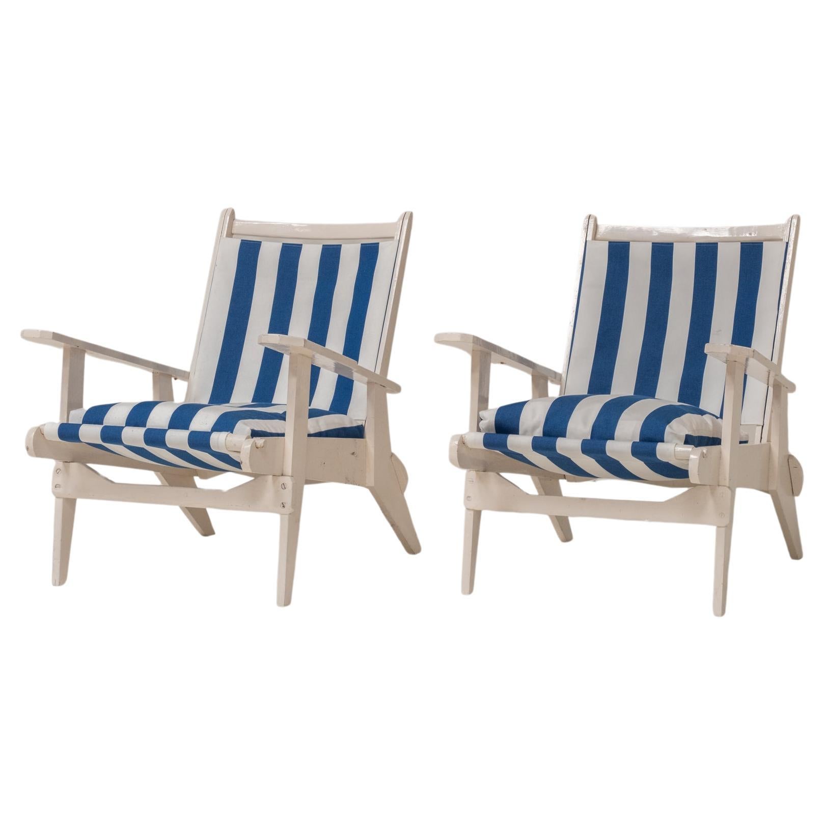 Set of 2 wooden relax stools French riviera style