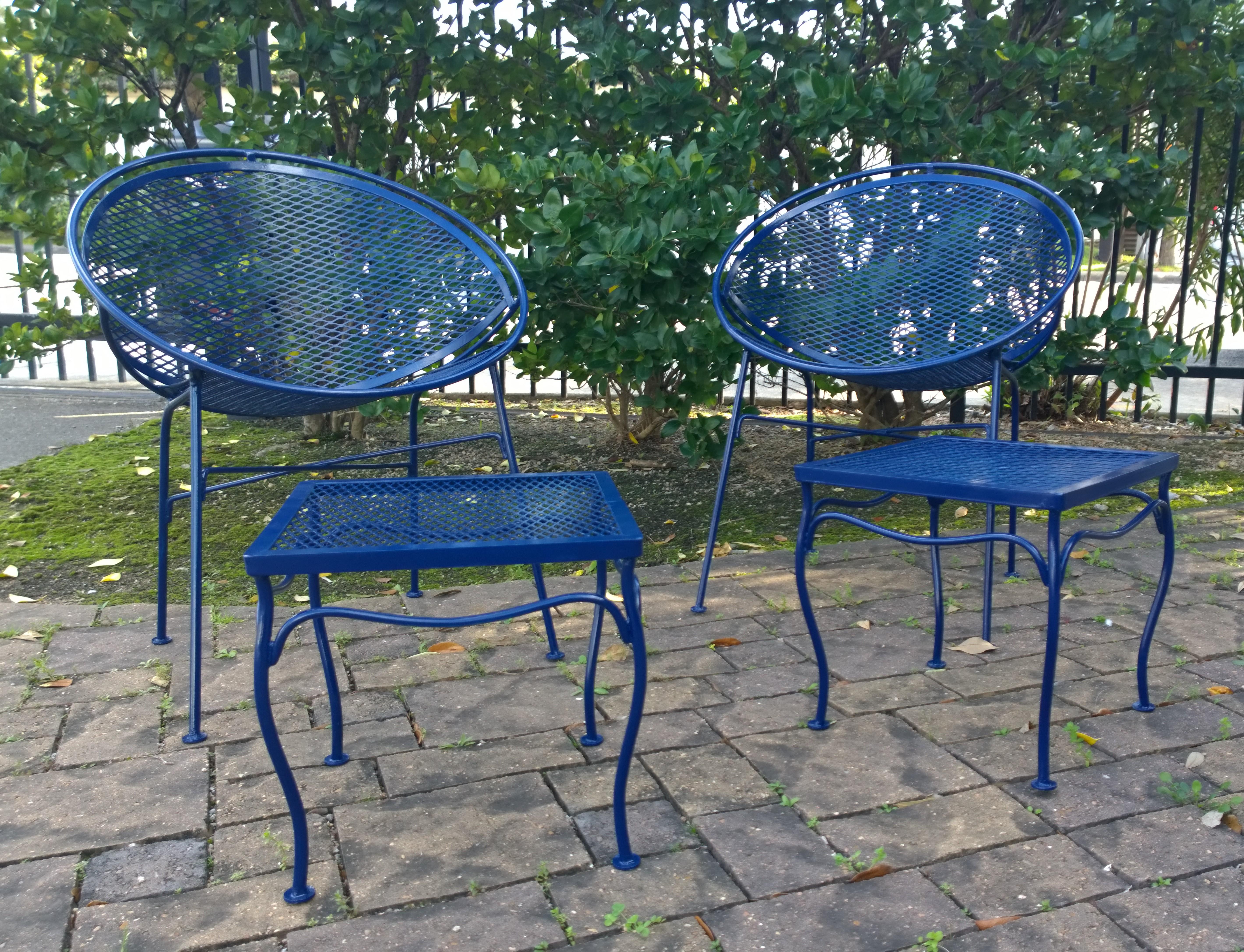 Set of 2 Wrought Iron Newly Enameled in Blue John Salterini Radar Patio Chairs For Sale 13