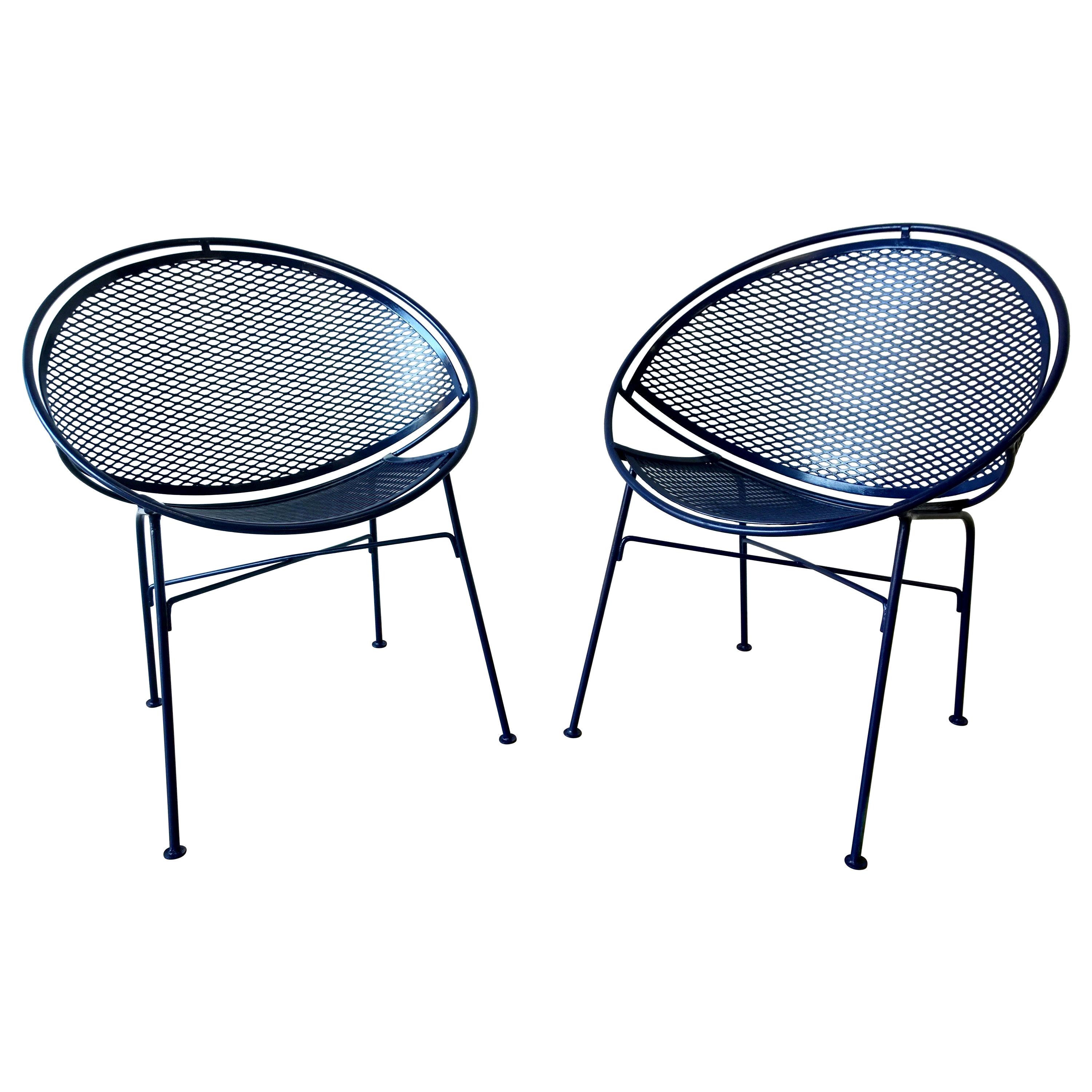 Set of 2 Wrought Iron Newly Enameled in Blue John Salterini Radar Patio Chairs For Sale