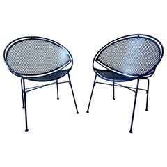 Set of 2 Wrought Iron Newly Enameled in Blue John Salterini Radar Patio Chairs