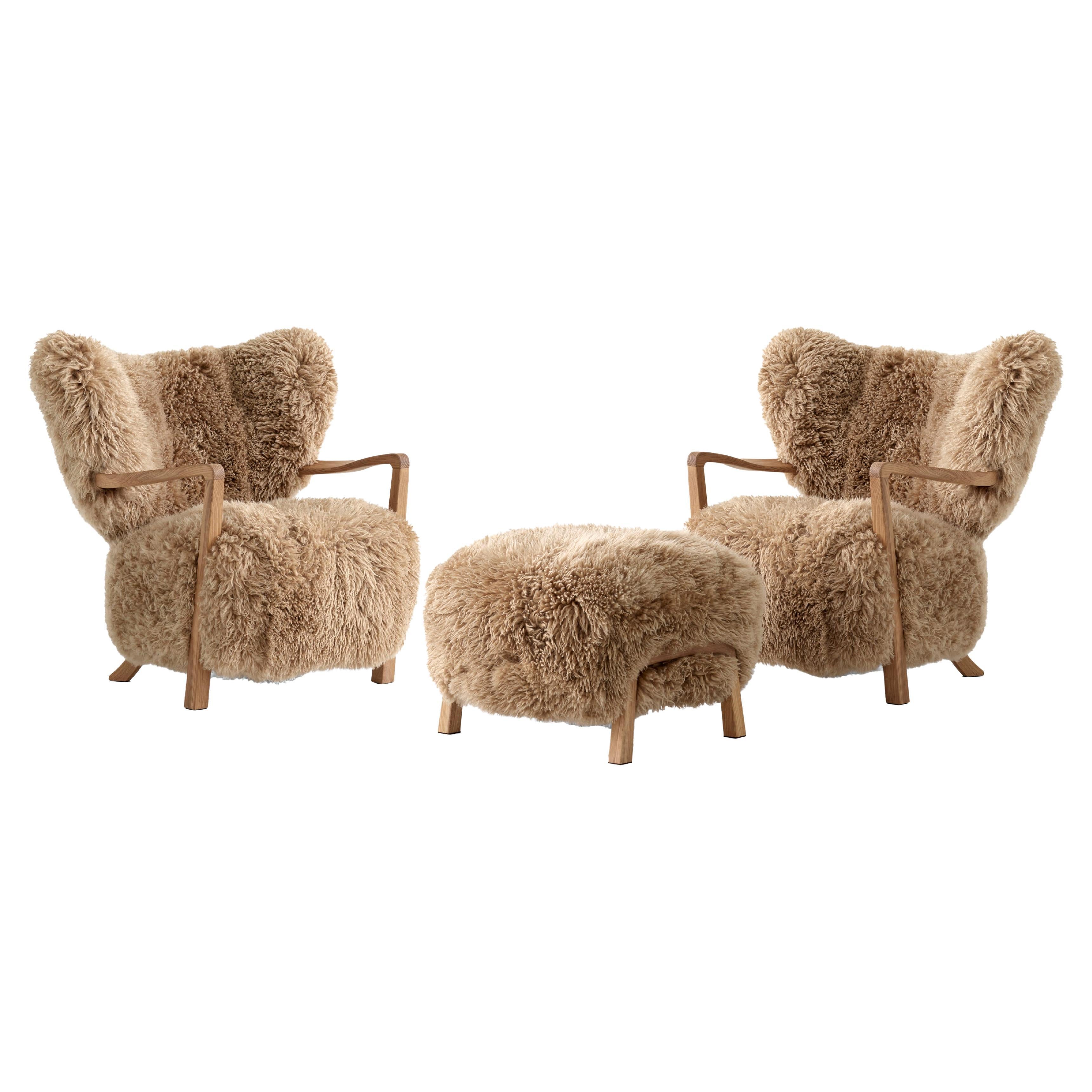 Set di 2 Wulff Atd2 e Pouf Atd3 in pelle di pecora miele/quercia per &Tradition