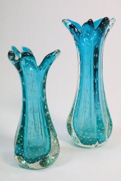 Ensemble de 2 vases en verre de Murano, bullicante, turquoise, Italie, 1970
