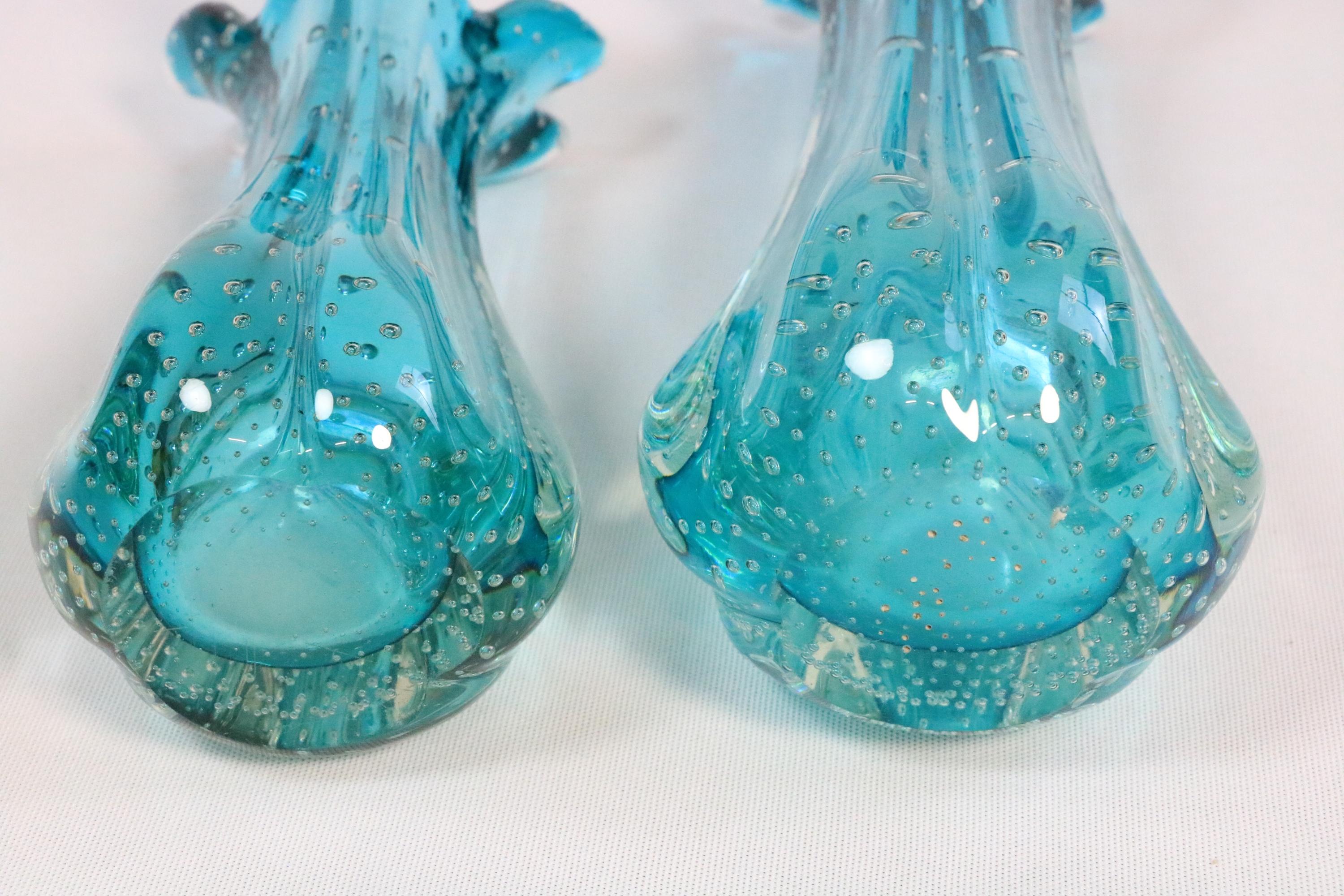 Lote de 2 x Jarrón de cristal de Murano, bullicante, turquesa, Italia, años 70 finales del siglo XX en venta