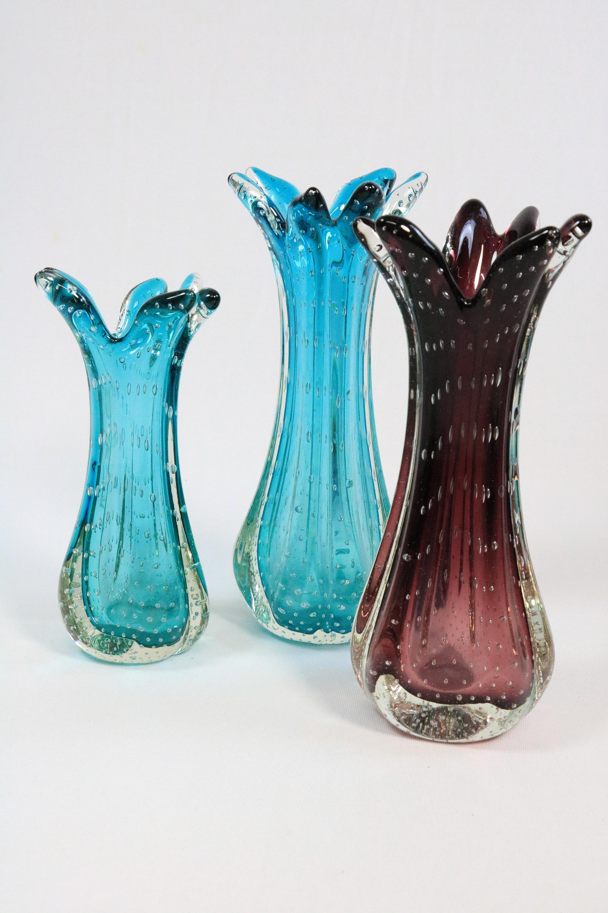 Lote de 2 x Jarrón de cristal de Murano, bullicante, turquesa, Italia, años 70 en venta 1