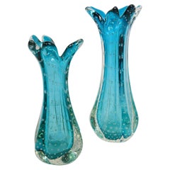 Lote de 2 x Jarrón de cristal de Murano, bullicante, turquesa, Italia, años 70