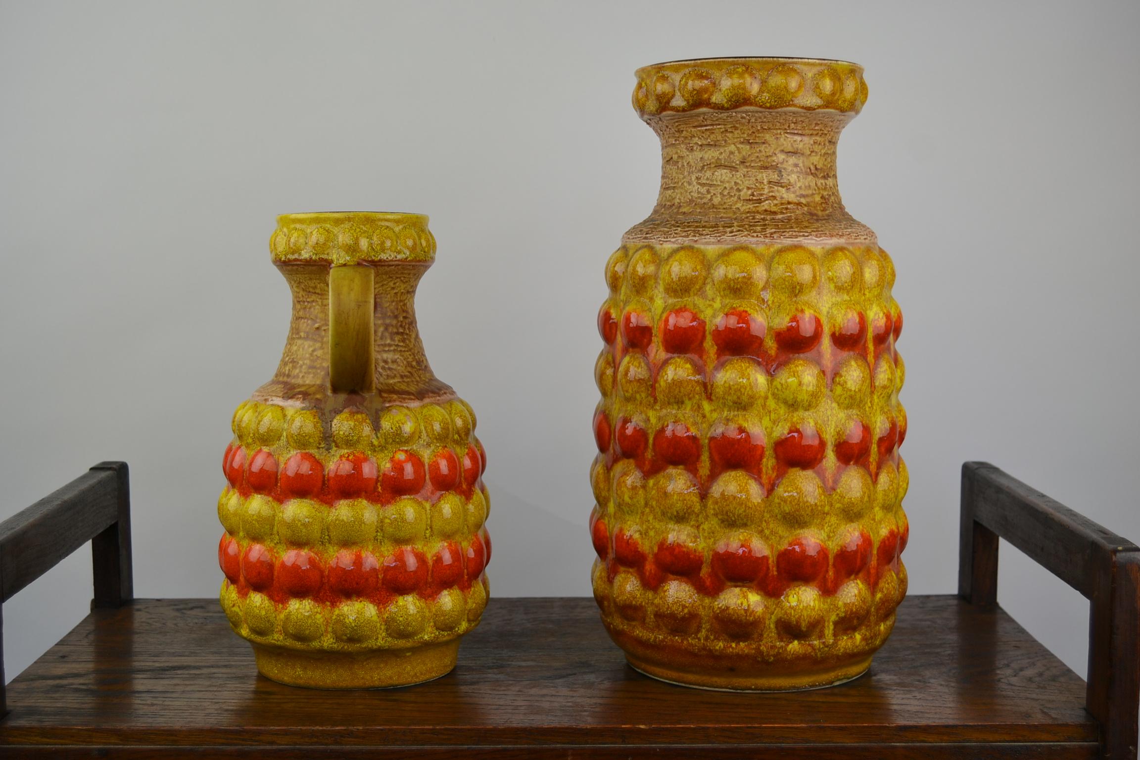 Set of 2 Yellow and Orange Bubbled Vases by Bay Western Germany , 1960s  4