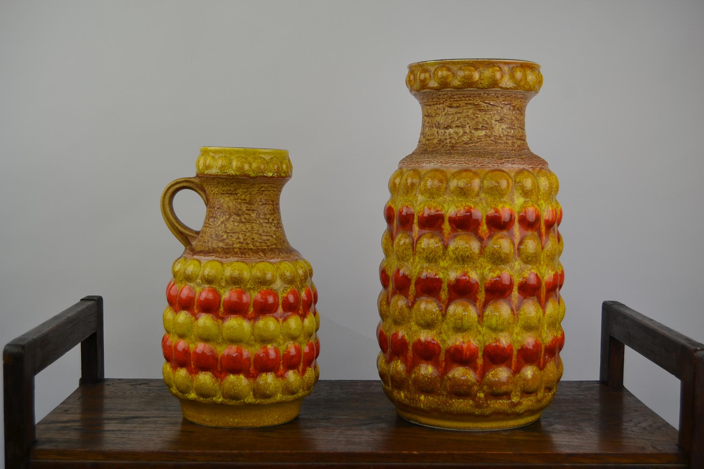 Set of 2 Yellow and Orange Bubbled Vases by Bay Western Germany , 1960s  8