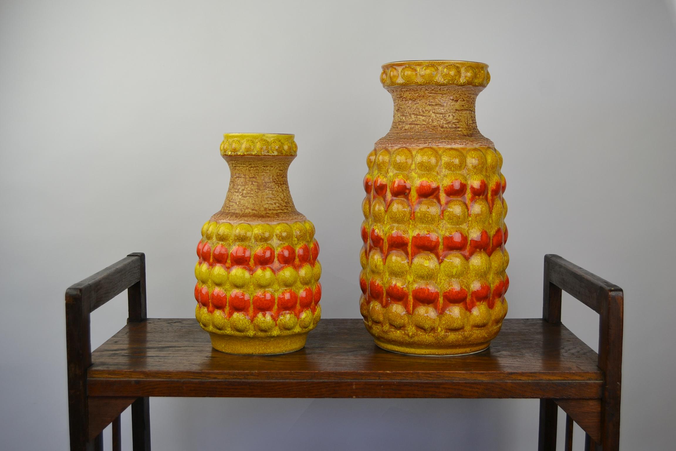Set of 2 Yellow and Orange Bubbled Vases by Bay Western Germany , 1960s  14