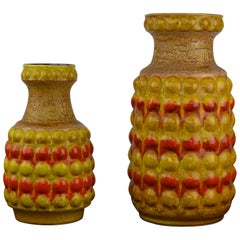 Set of 2 Yellow and Orange Bubbled Vases by Bay Western Germany , 1960s 