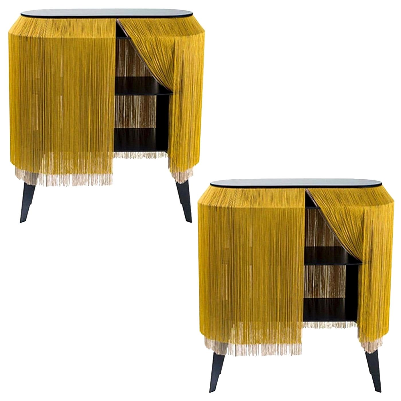 Set of 2 Yellow Gold Fringe Side Tables Nightstand, Made in France