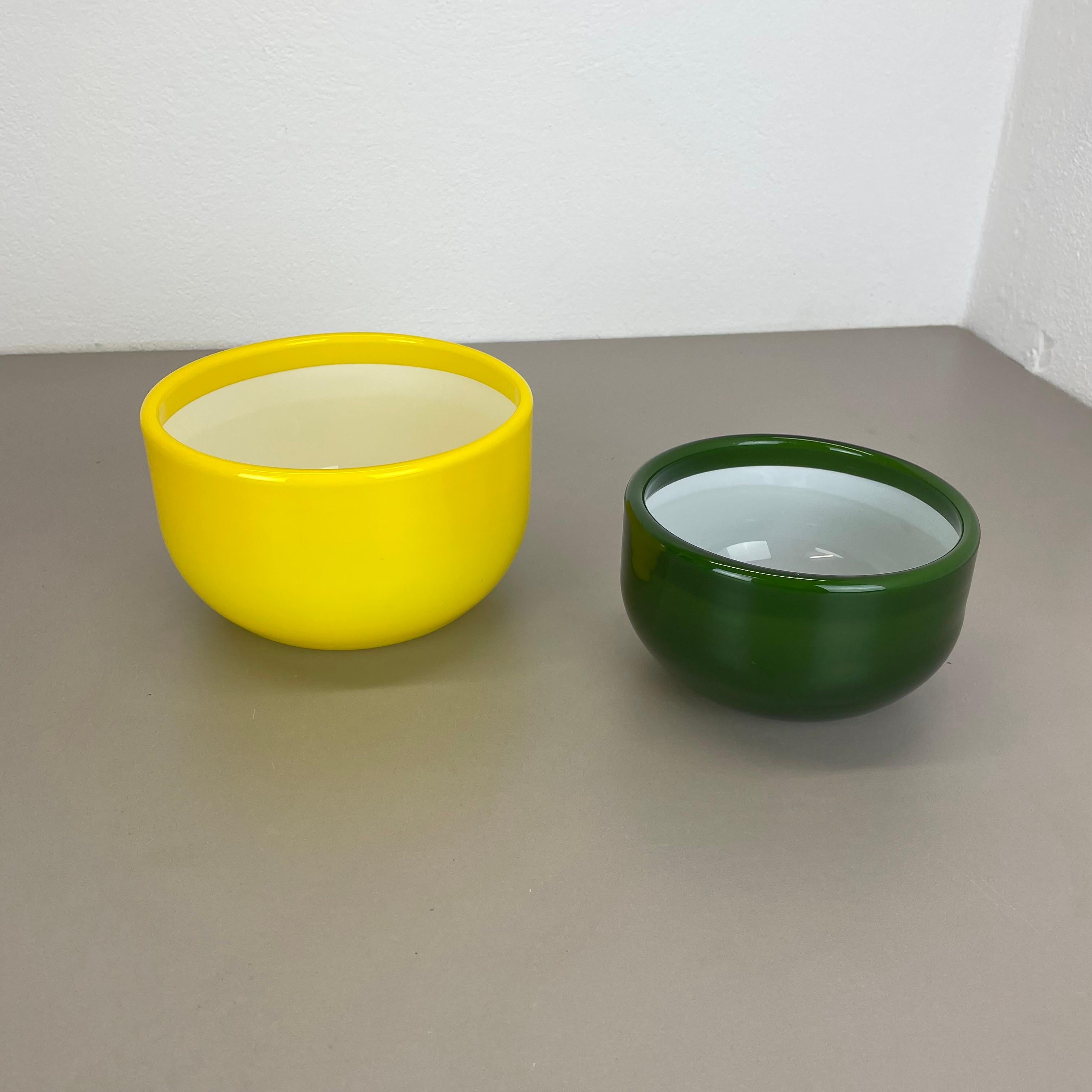 Mid-Century Modern Set of 2 yellow Green Glass Bowls by Michael Bang for Holmegaard, Denmark 1970s For Sale