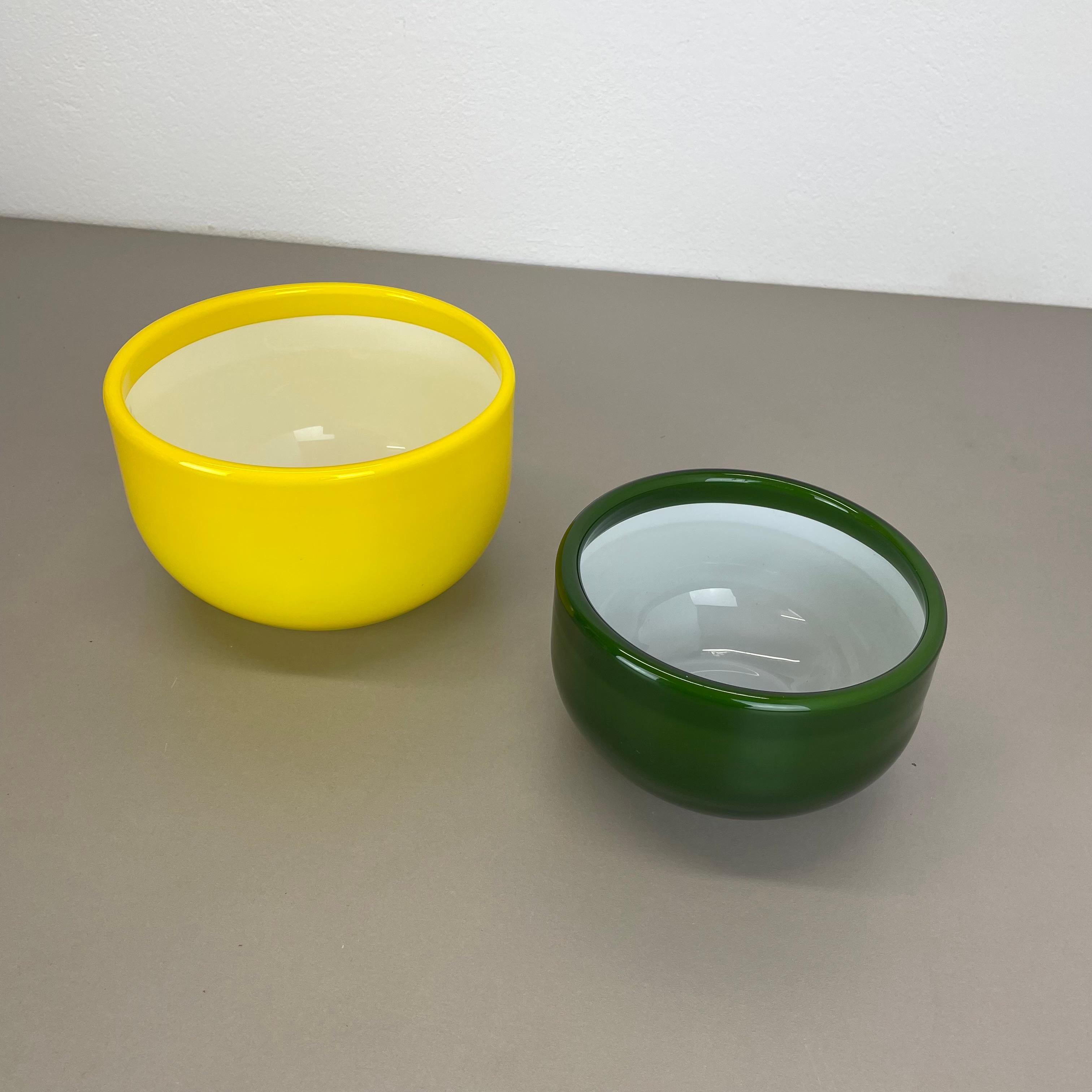 Danish Set of 2 yellow Green Glass Bowls by Michael Bang for Holmegaard, Denmark 1970s For Sale