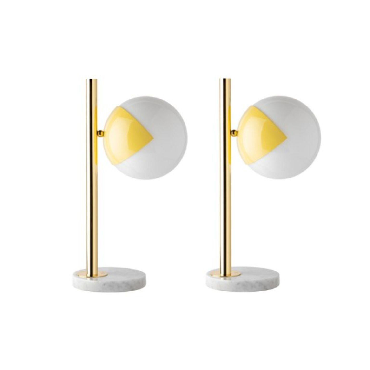 Yellow table lamp pop-up dimmable by Magic Circus Editions
Dimensions: Ø 22 x 30 x 53 cm 
Materials: Carrara marble base, smooth brass tube, glossy mouth blown glass
Also non-dimmable version available.

All our lamps can be wired according to