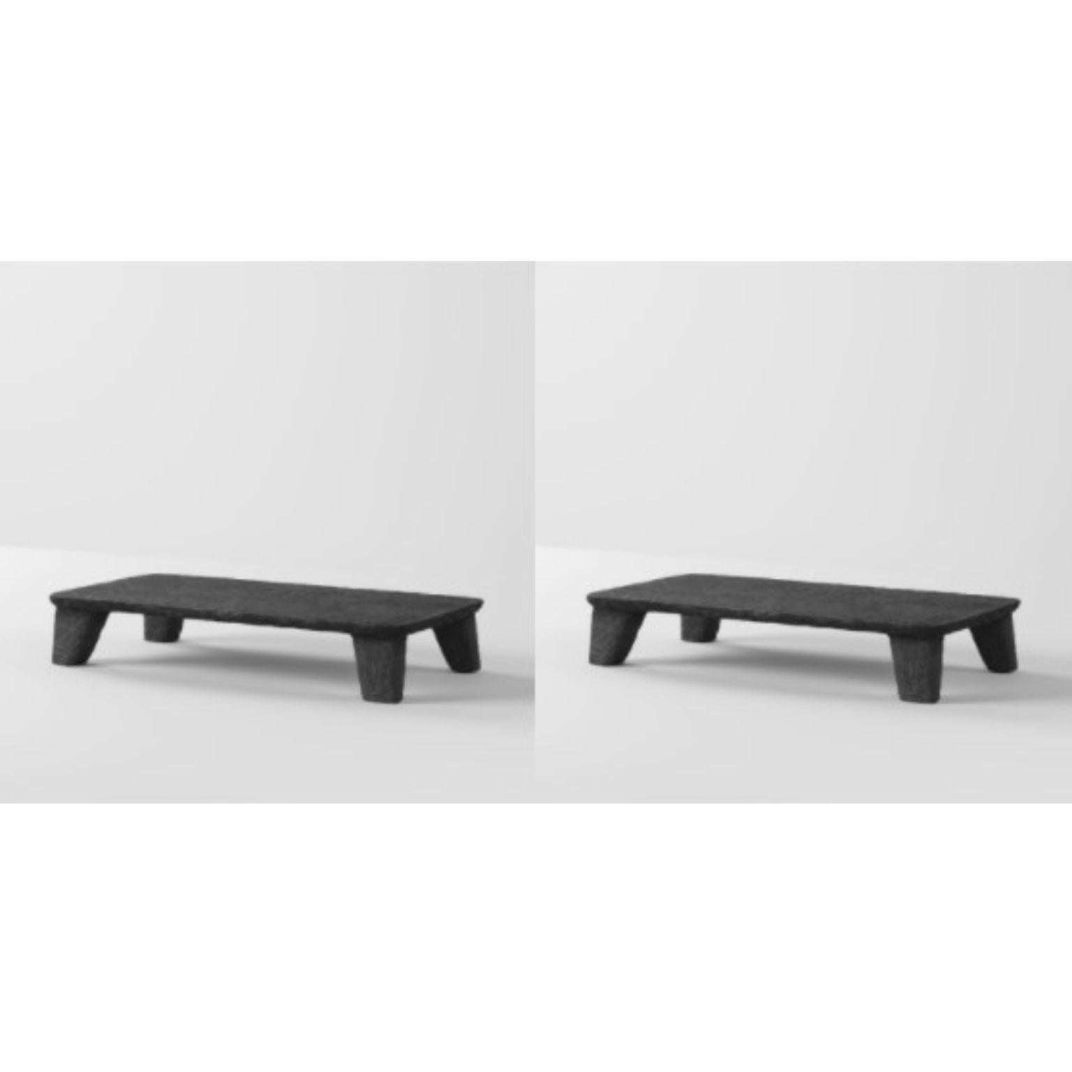 Set of 2 Ztista low tables by Faina
Design: Victoriya Yakusha
Materials: Steel Frame, a Blend of Cellulose, Clay, Flax Fiber, Wood Chips, Biopolymer Cover
Dimensions: D 80 x W 160 x H 30 cm
Available in 12 colours.

Almost carved in stone,