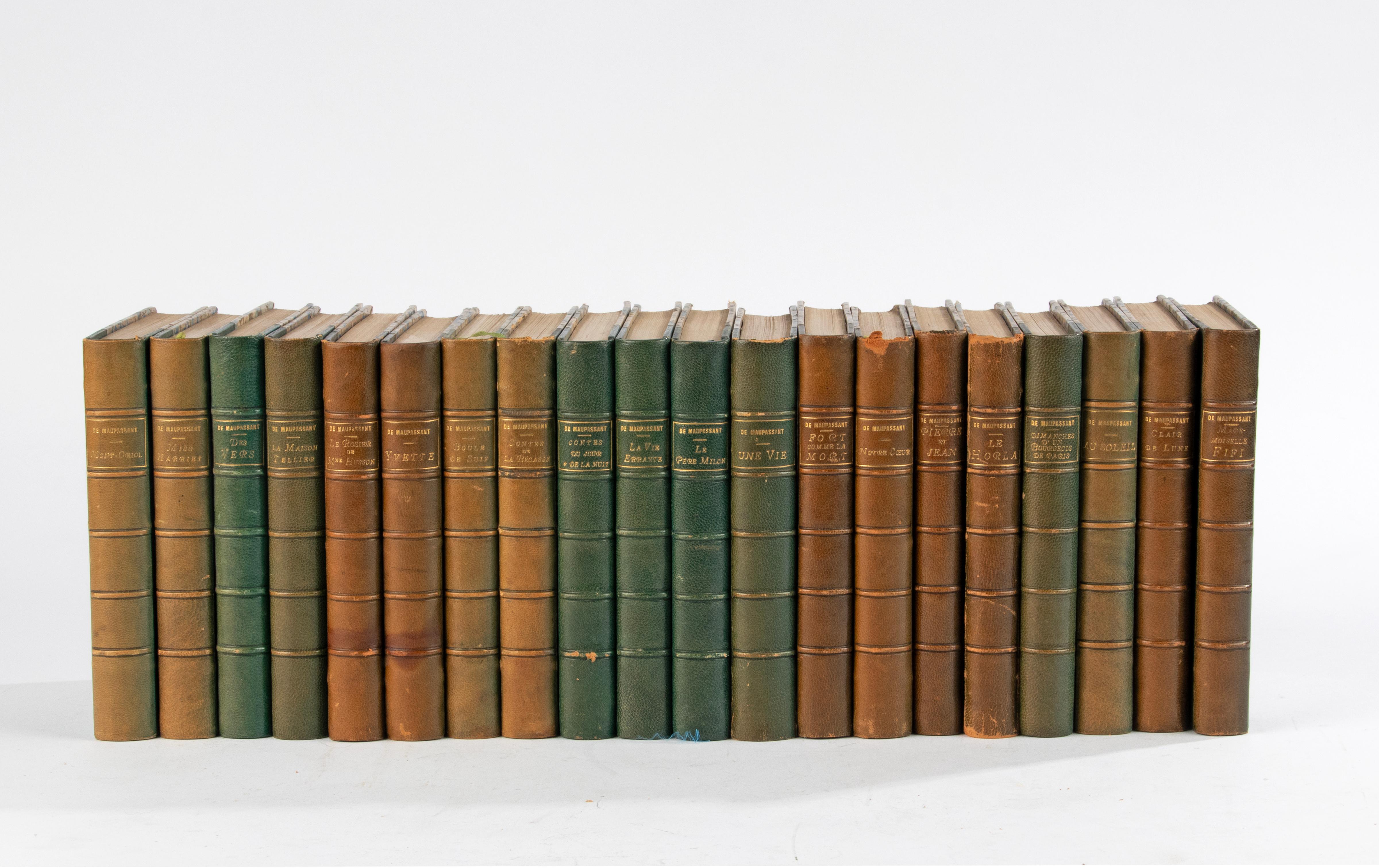 A set of 20 antique French books from the De Maupassant series.
These books can beautifully decorate your bookcase or office. These books are not too big, fits in every bookcase. The leather spines with gold print are in good condition. inside is